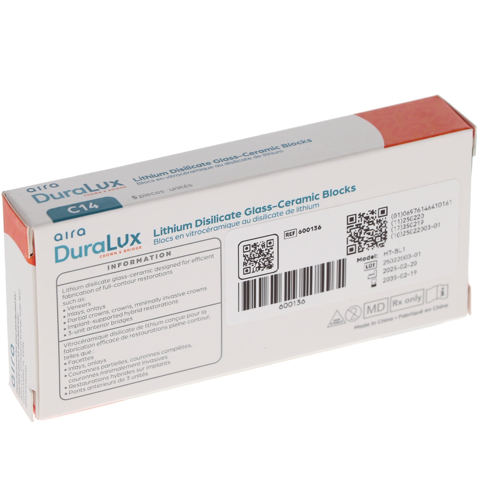 Aira 600129 DuraLux IPS e.max Type Blocks CAD inLab HT C1 C14 5/Pk