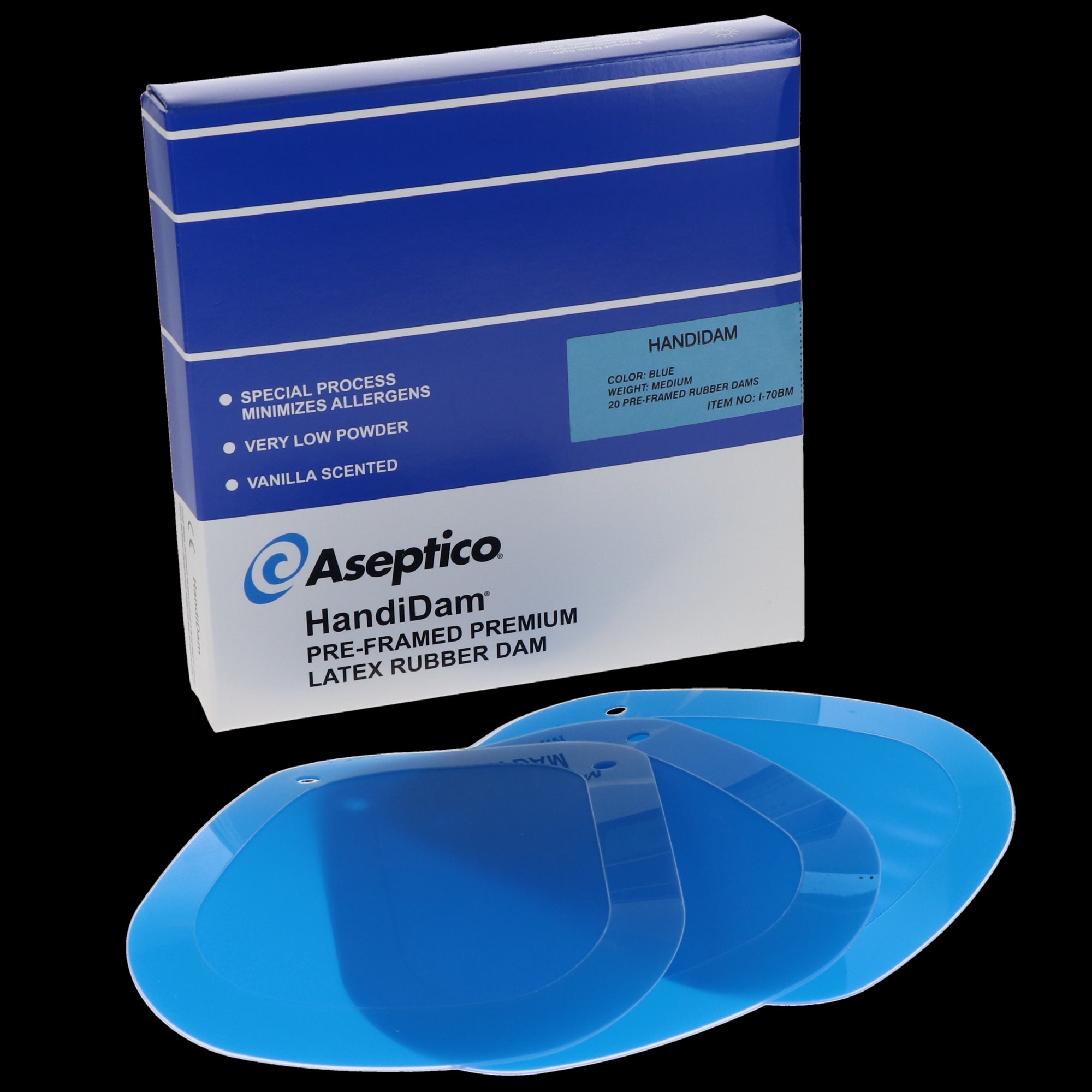 Aseptico I-70BM-100 Handidam Pre-Framed Latex Rubber Dams Blue Medium 100/Pk