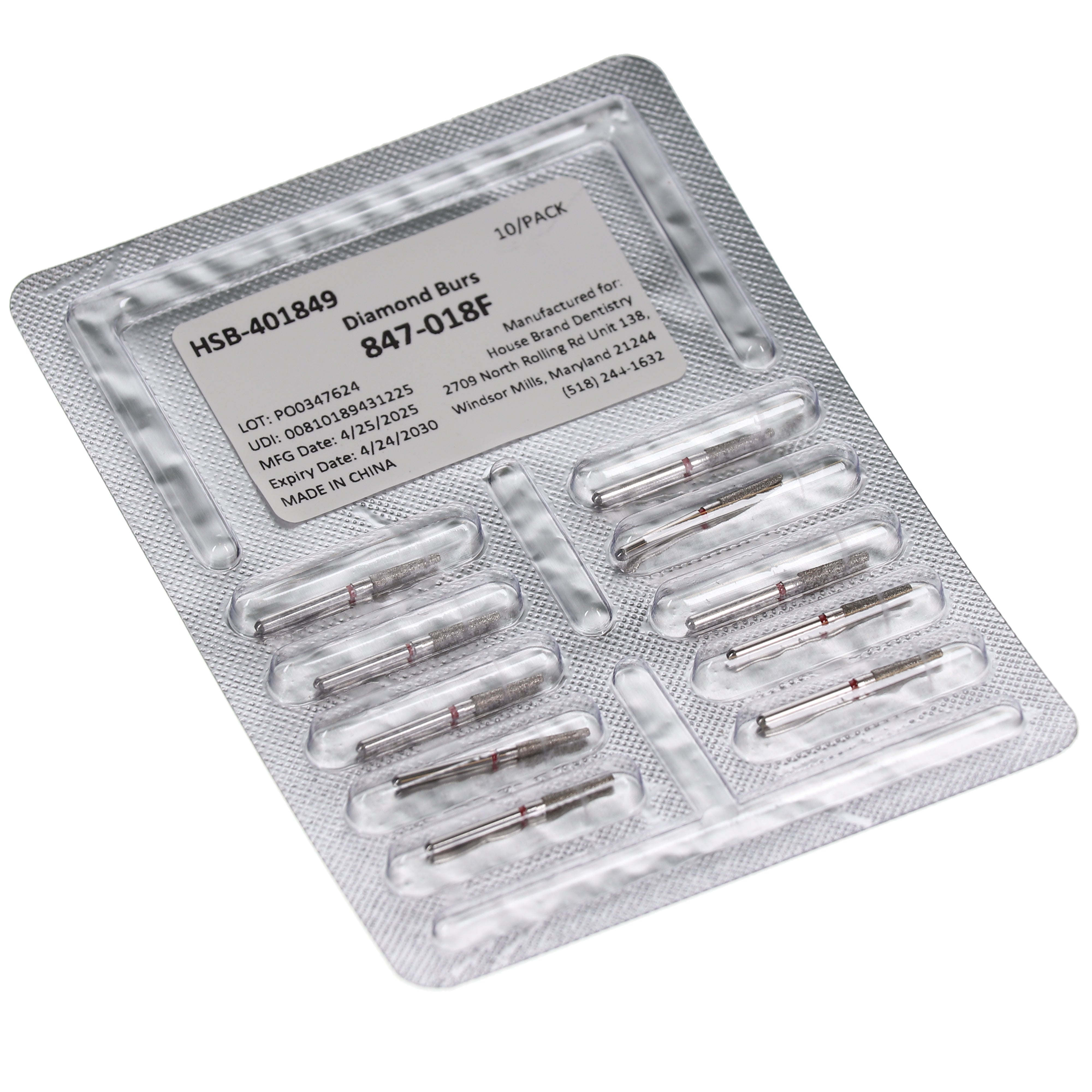 House Brand Dentistry 401849 HSB FG 847-018F Flat End Taper Fine Grit Diamond Burs 10/Pk