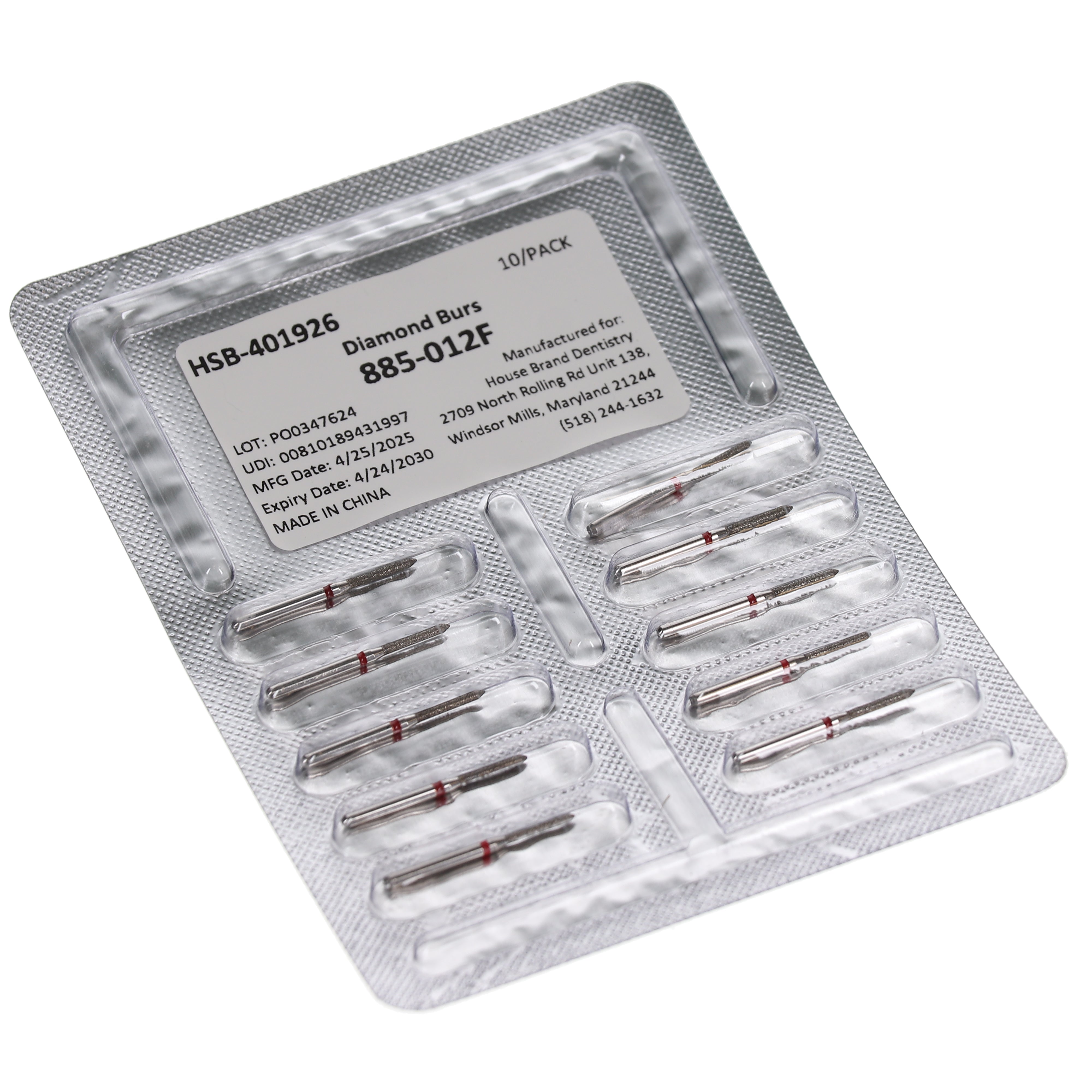House Brand Dentistry 401926 HSB FG 885-012F Beveled Cylinder Fine Grit Diamond Burs 10/Pk
