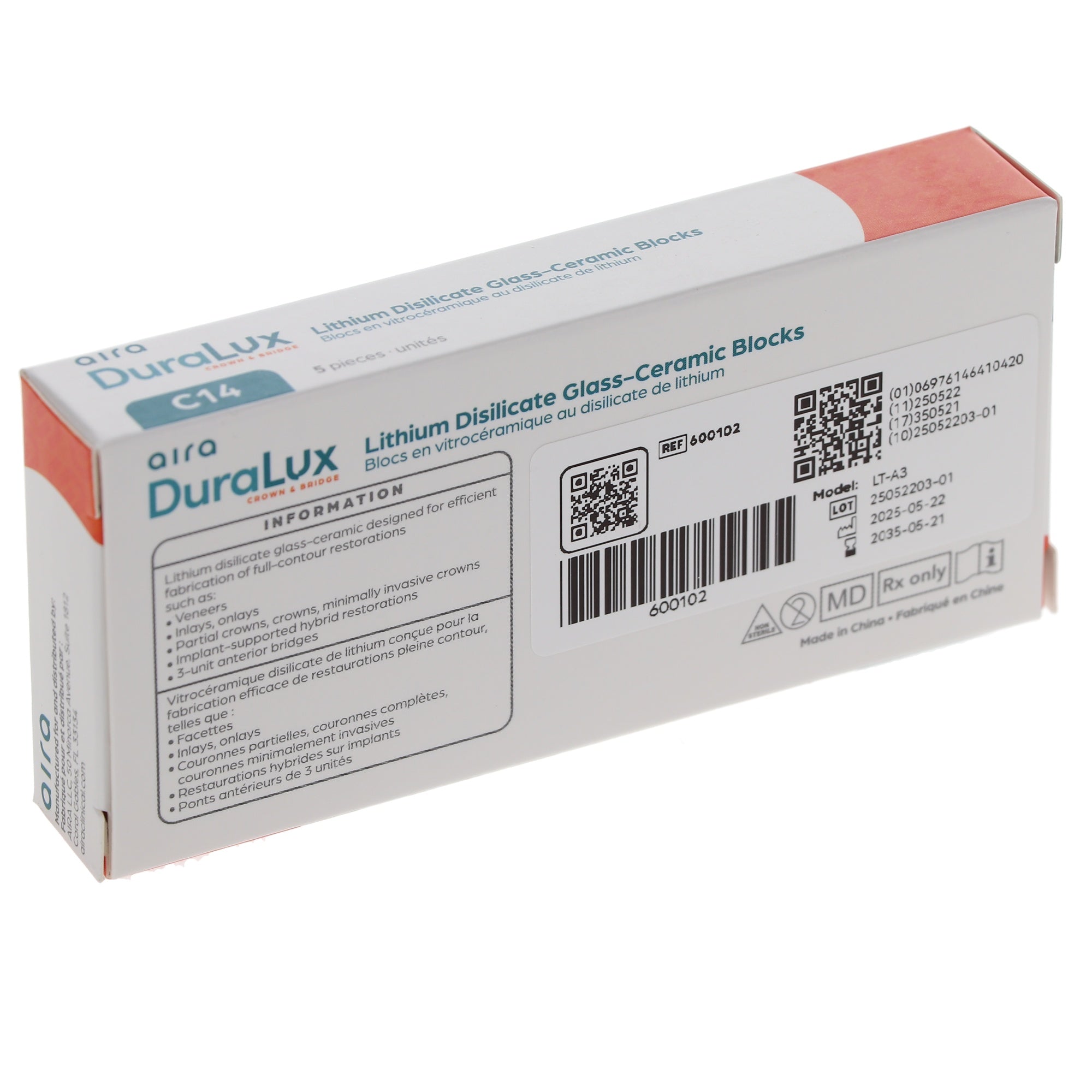 Aira 600102 DuraLux IPS e.max Type Blocks CAD inLab LT A3 C14 5/Pk