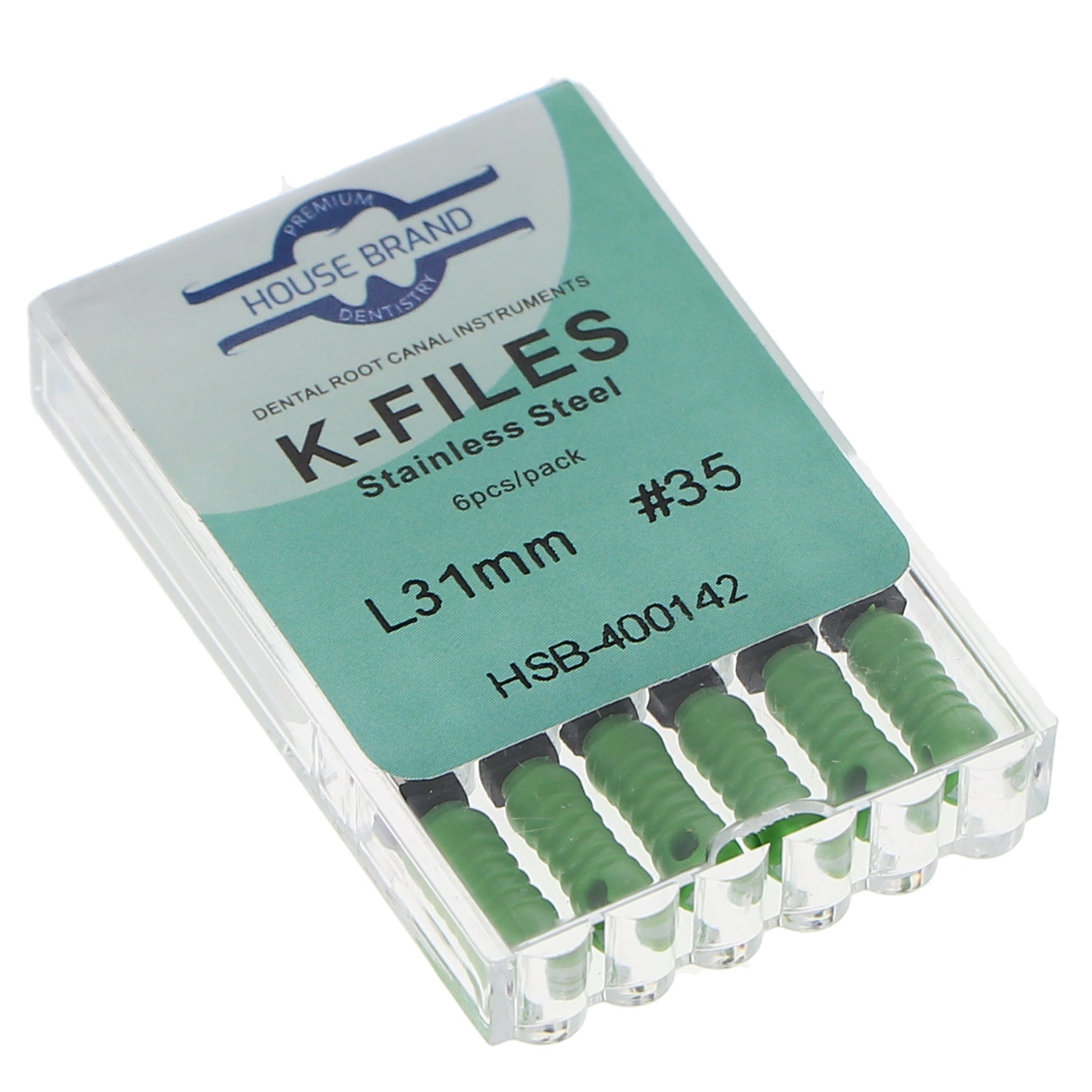 House Brand Dentistry 400142 HSB Endodontic K-Files 31mm #35 Green Stainless Steel 6/Pk