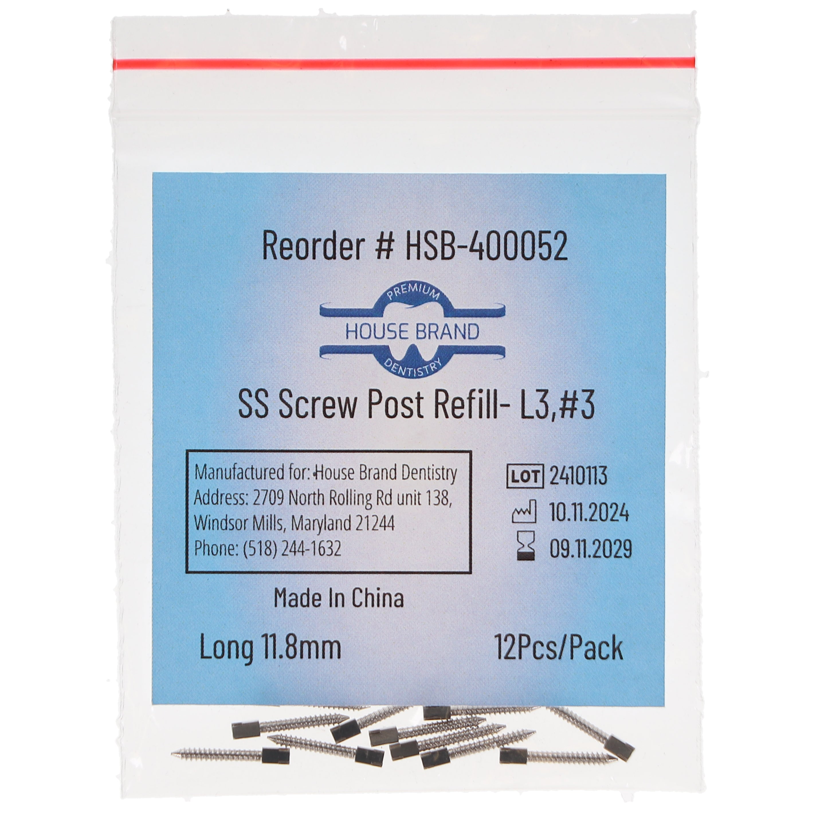 House Brand Dentistry 400052 HSB Screw Posts L3 #3 Long 11.8mm Stainless Steel 12/Pk