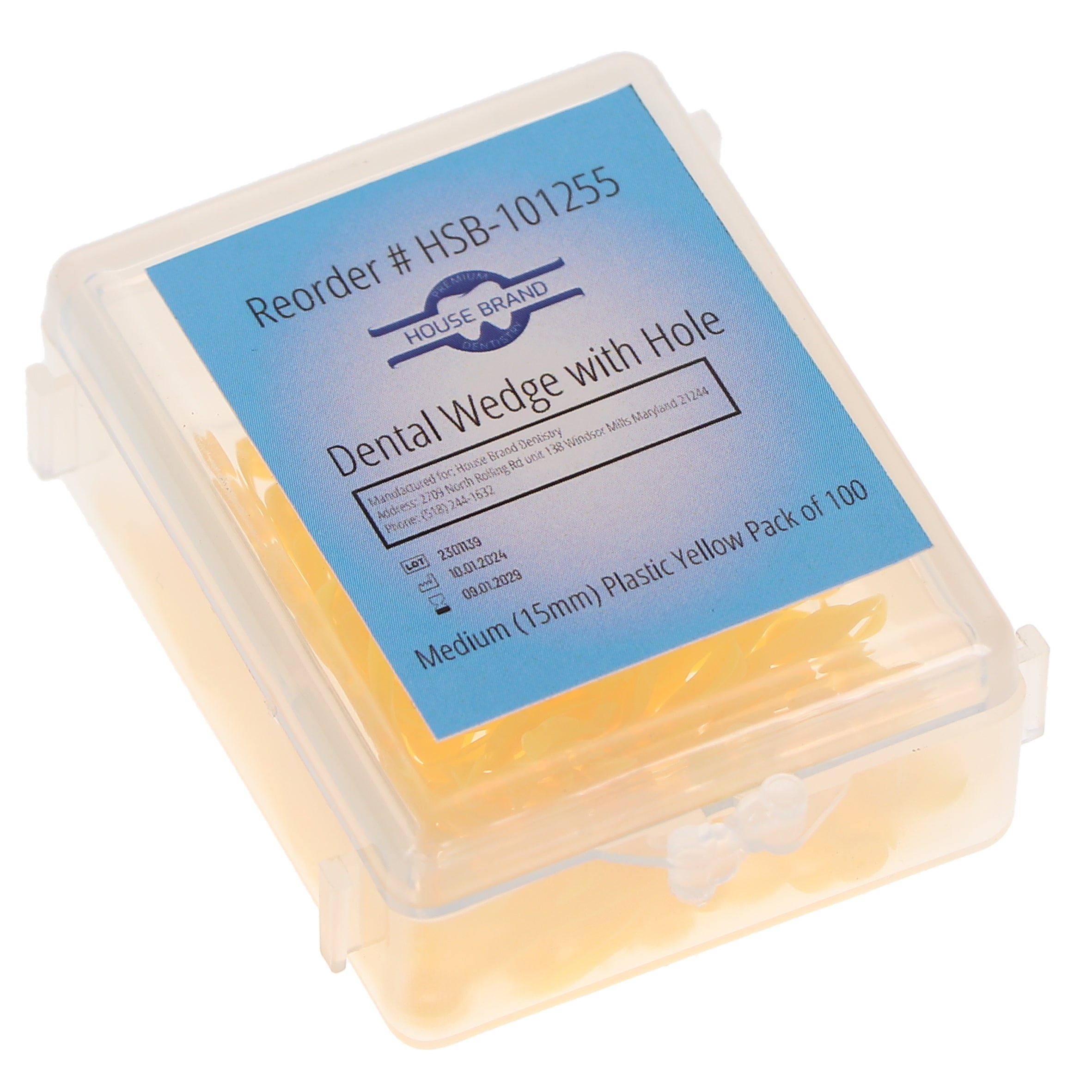 House Brand Dentistry 101255 HSB Dental Matrix Wedges with Hole Medium 15mm Plastic Yellow 100/Pk