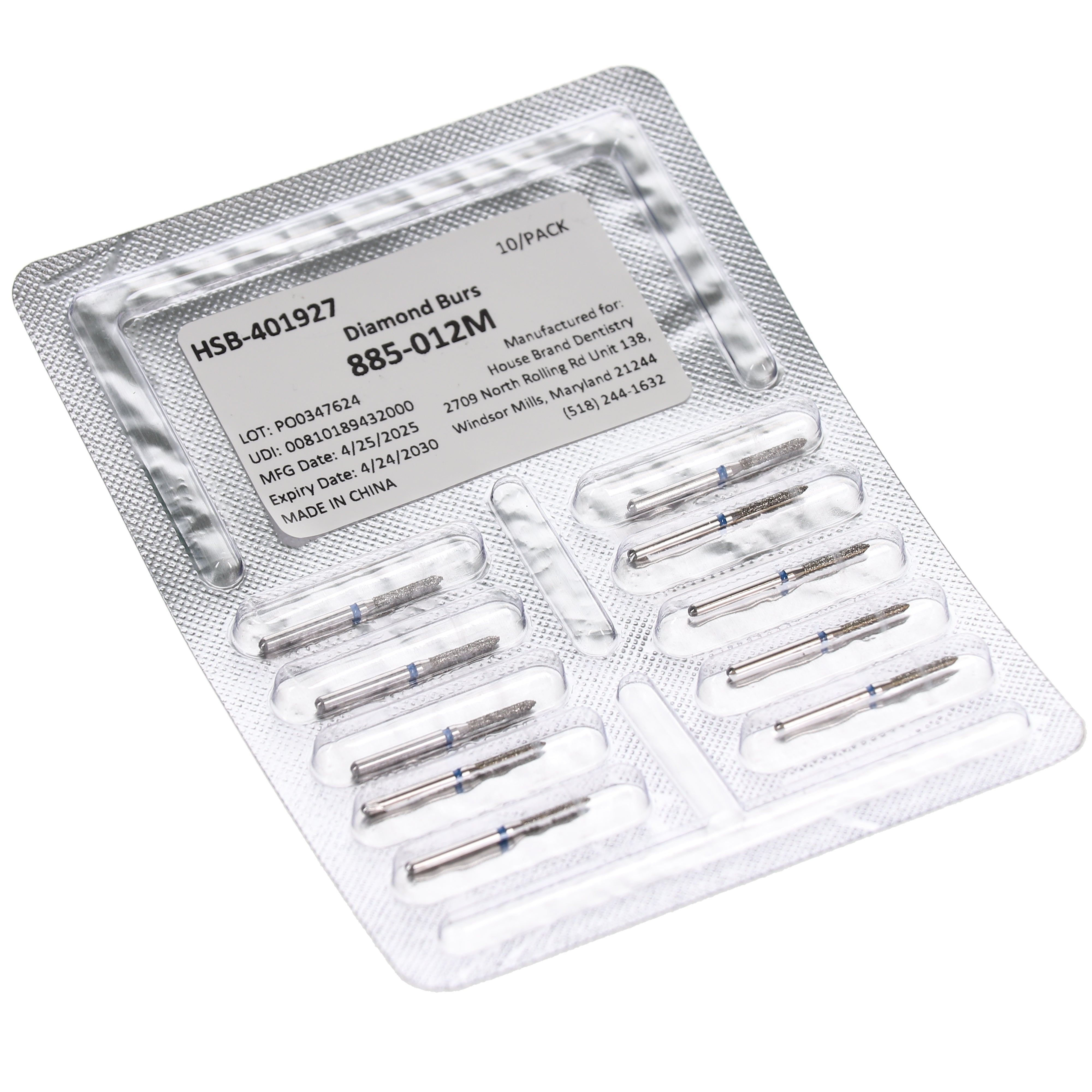 House Brand Dentistry 401927 HSB FG 885-012M Beveled Cylinder Medium Grit Diamond Burs 10/Pk