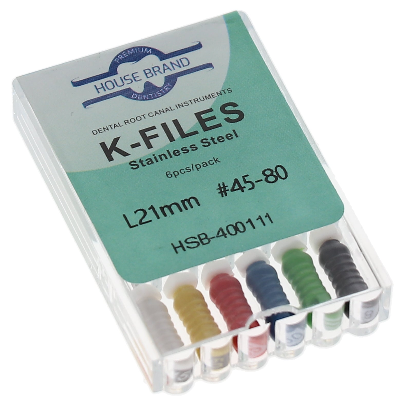 House Brand Dentistry 400111 HSB Endodontic K-Files 21mm #45-80 Assorted Stainless Steel 6/Pk