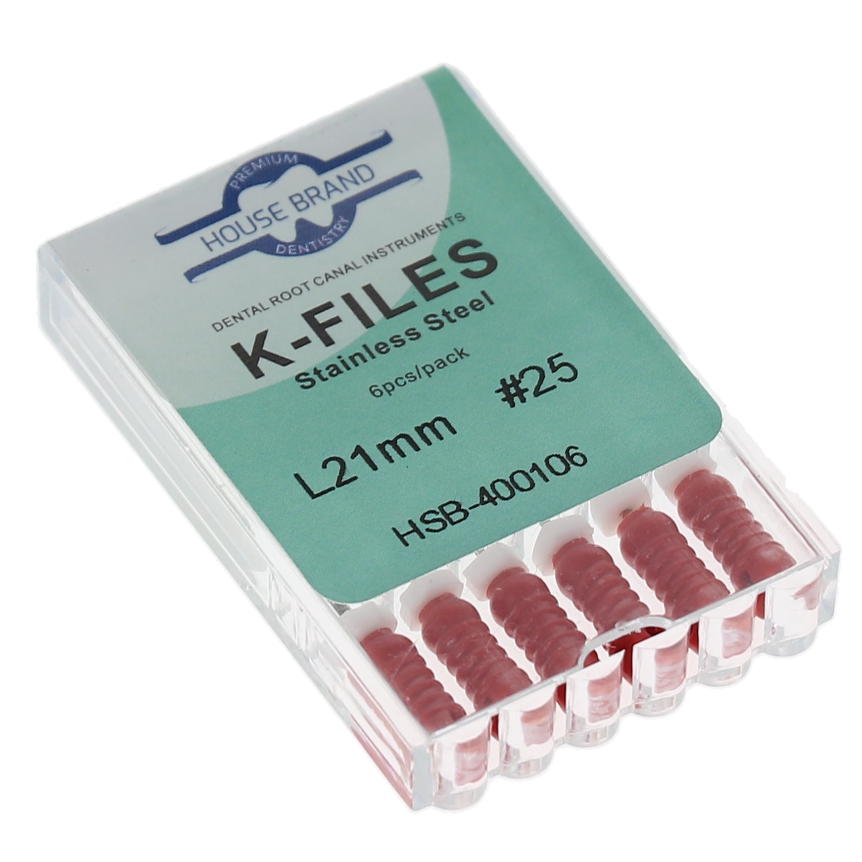 House Brand Dentistry 400106 HSB Endodontic K-Files 21mm #25 Red Stainless Steel 6/Pk