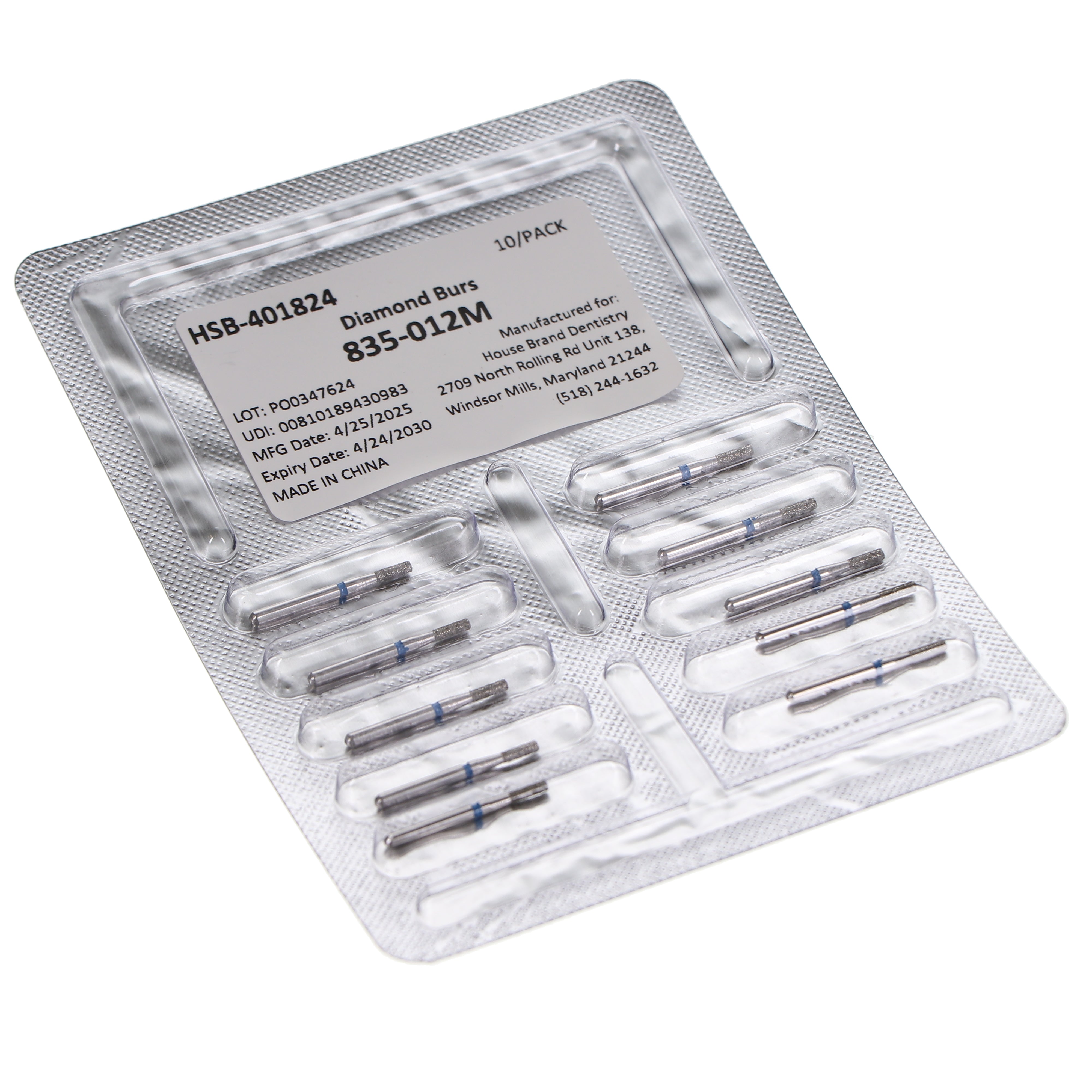 House Brand Dentistry 401824 HSB FG 835-012M Flat End Cylinder Medium Grit Diamond Burs 10/Pk