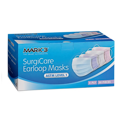 Mark3 1971PI SurgiCare Pink Earloop Face Masks ASTM Level 1 3-Ply 50/Bx