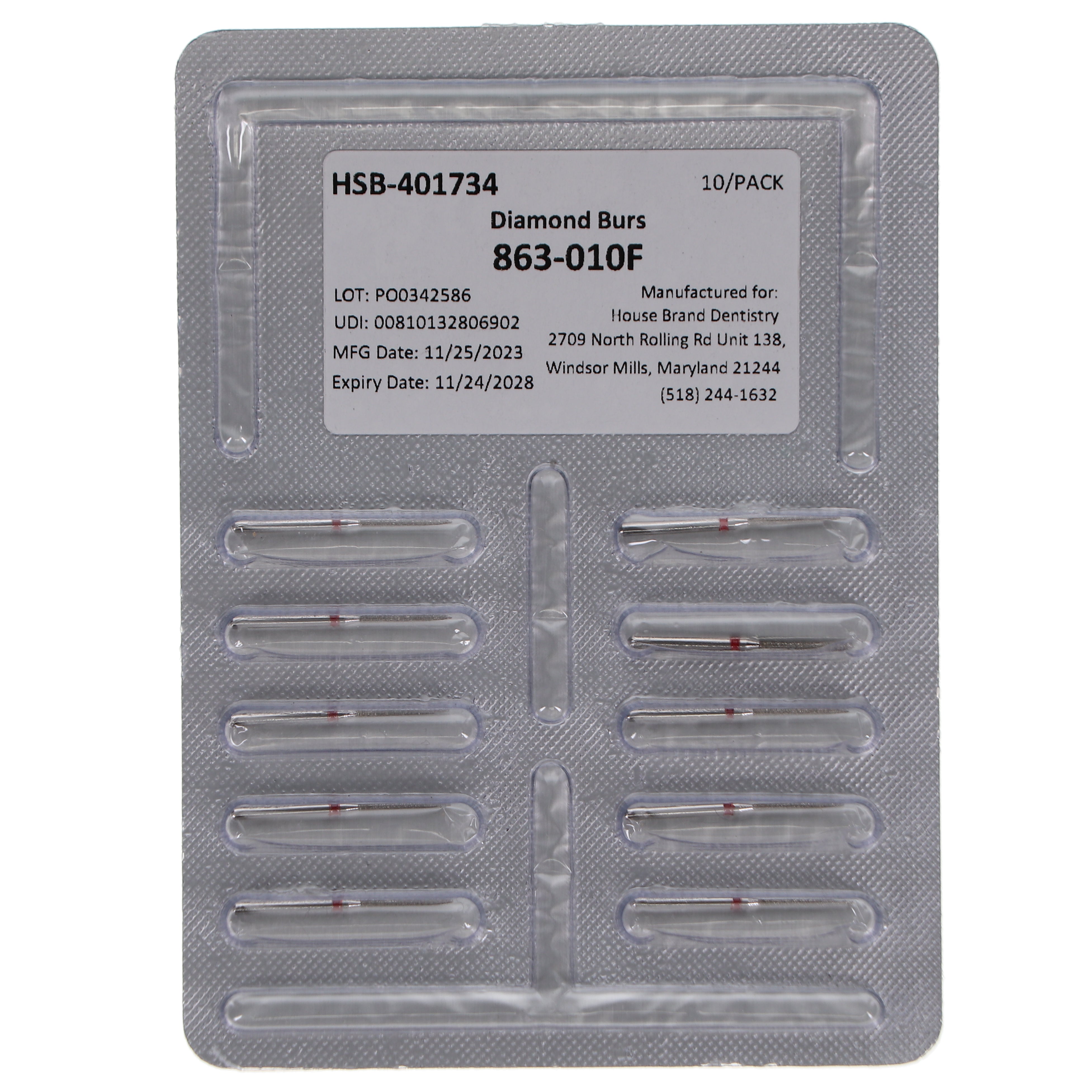 House Brand Dentistry 401734 HSB FG 863-010M Flame Medium Grit Diamond Burs 10/Pk