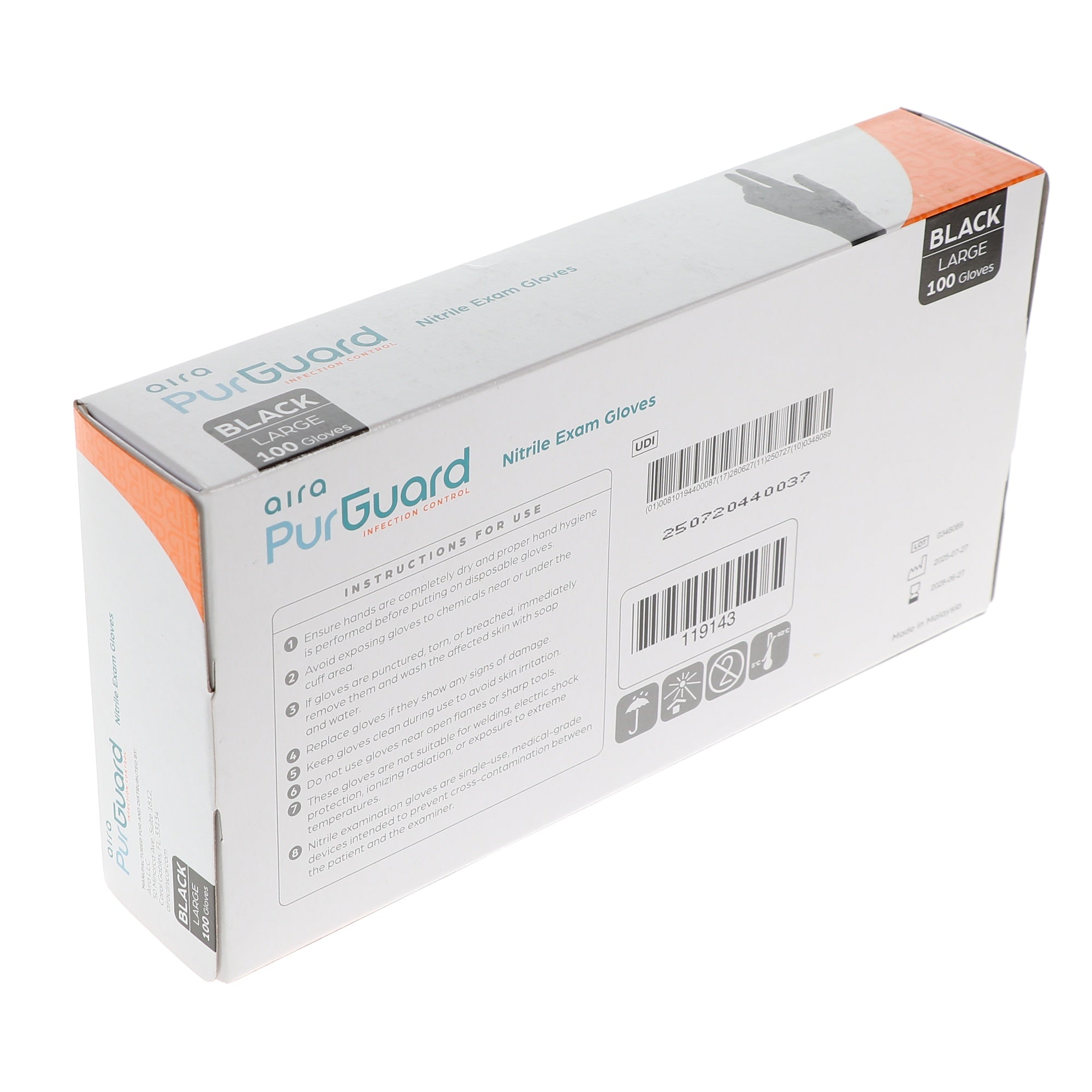 Aira 119143 PurGuard Nitrile Exam Gloves Black Large Latex Free 100/Bx