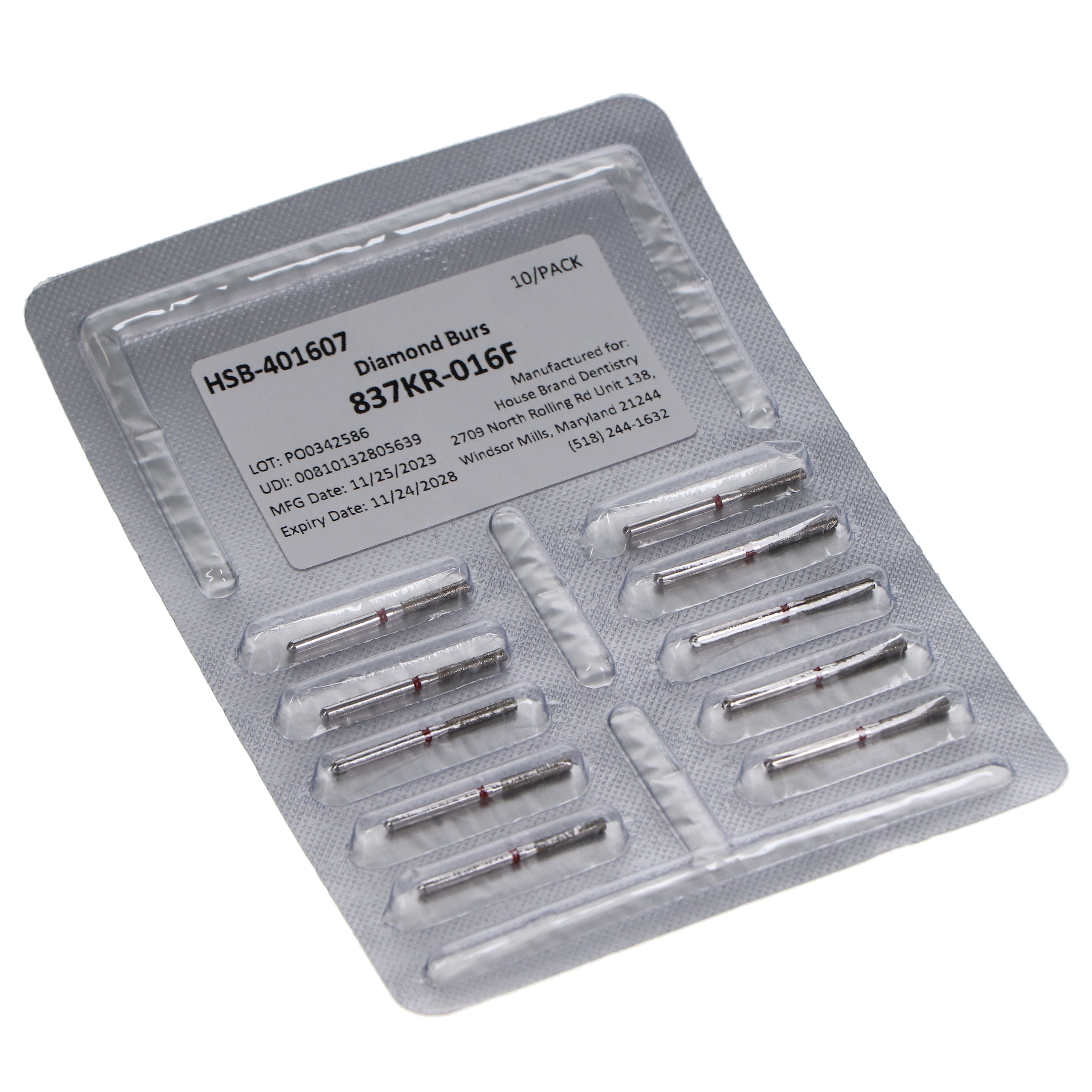 House Brand Dentistry 401607 HSB FG 837KR-016F Modified Cylinder Fine Grit Diamond Burs 10/Pk