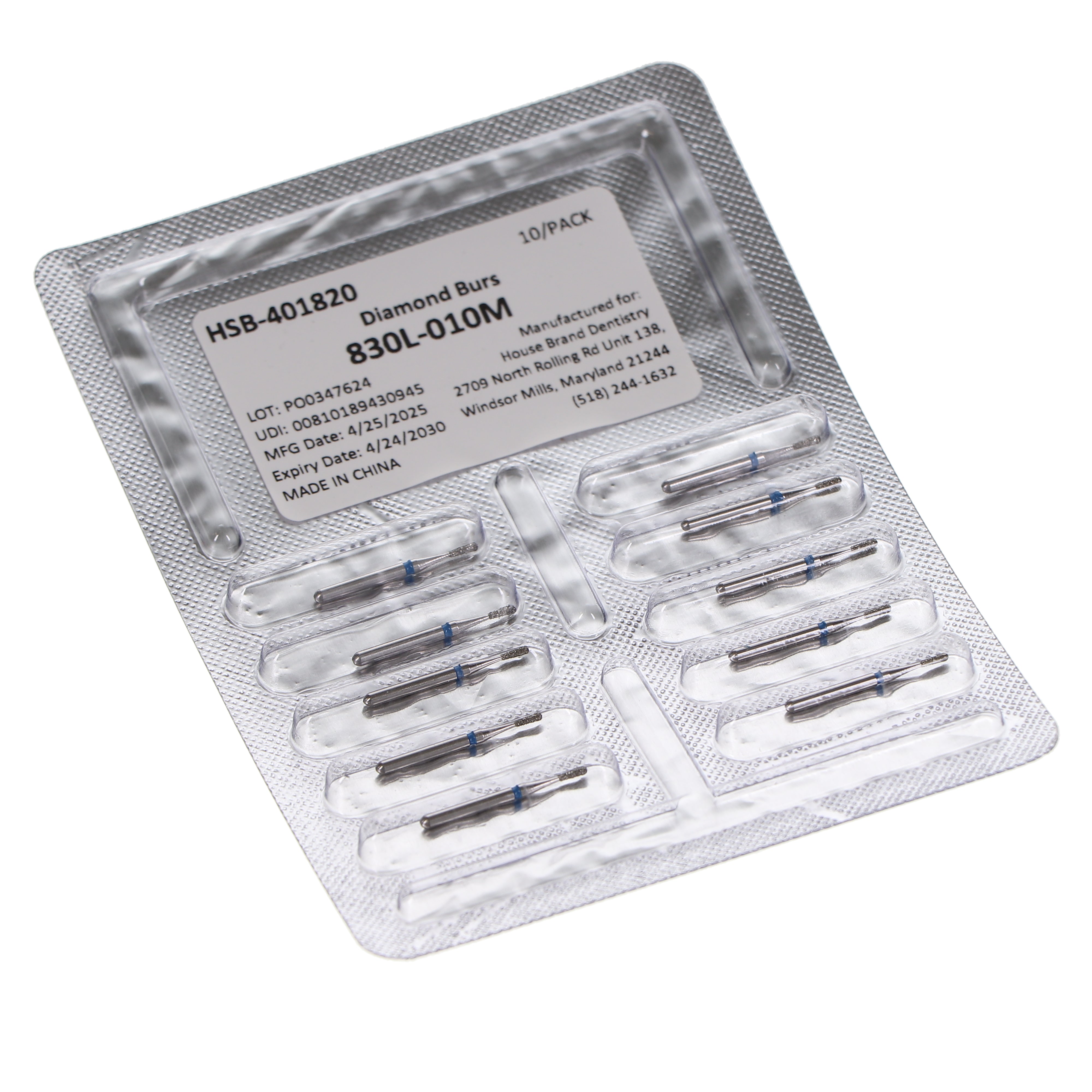 House Brand Dentistry 401820 HSB FG 830L-010M Long Pear Medium Grit Diamond Burs 10/Pk