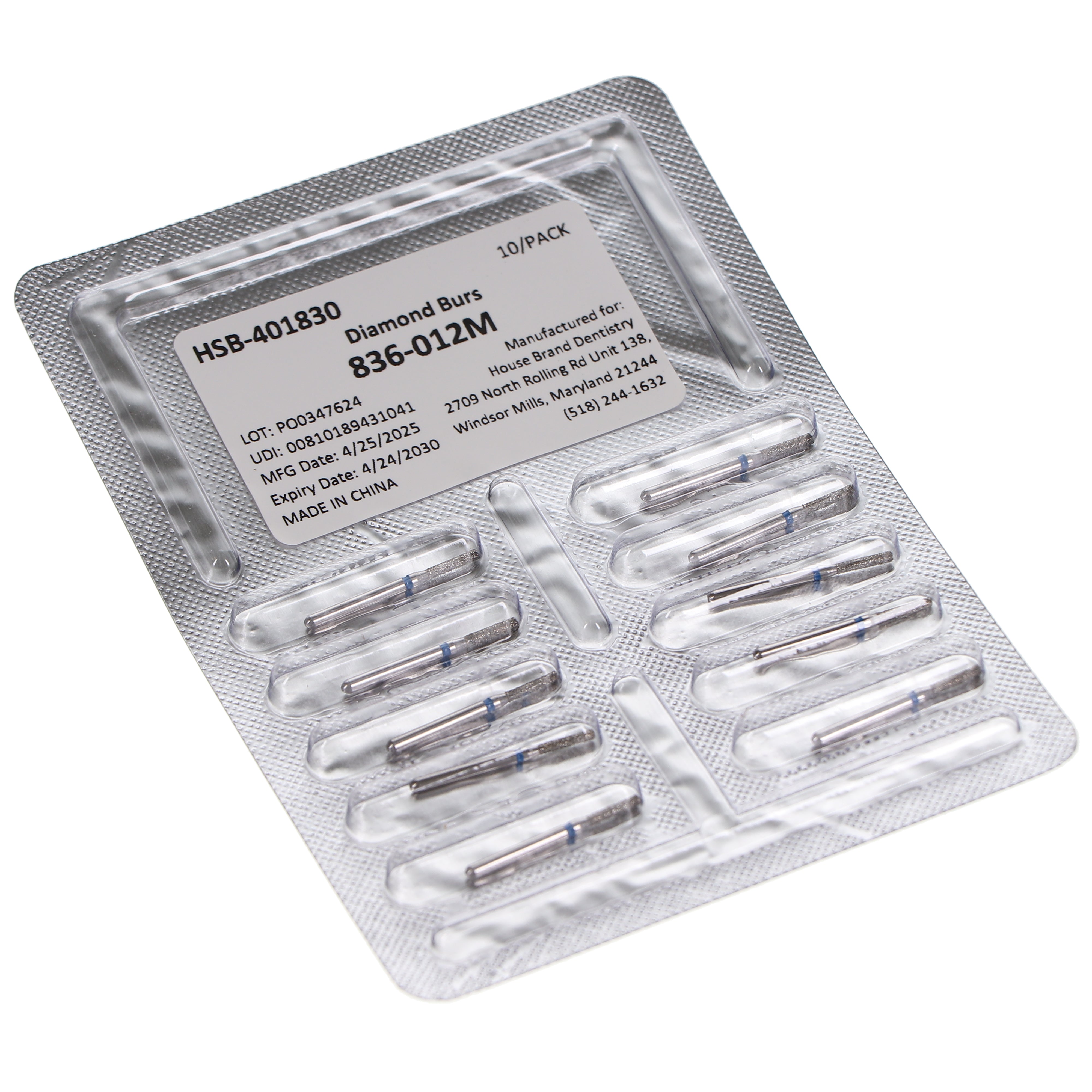 House Brand Dentistry 401830 HSB FG 836-012M Flat End Cylinder Medium Grit Diamond Burs 10/Pk