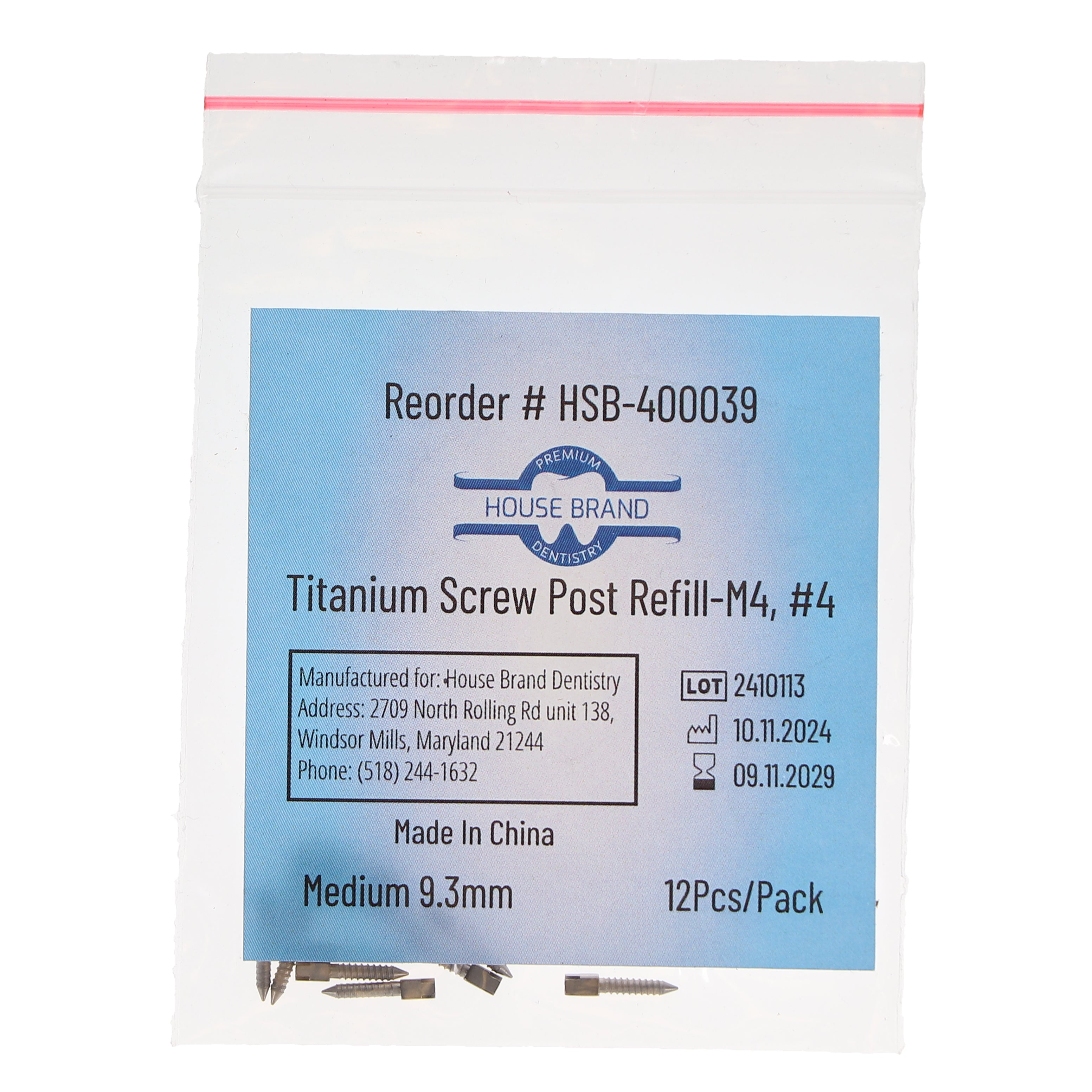 House Brand Dentistry 400039 HSB Titanium Screw Posts M4 #4 Medium 9.3mm 12/Pk