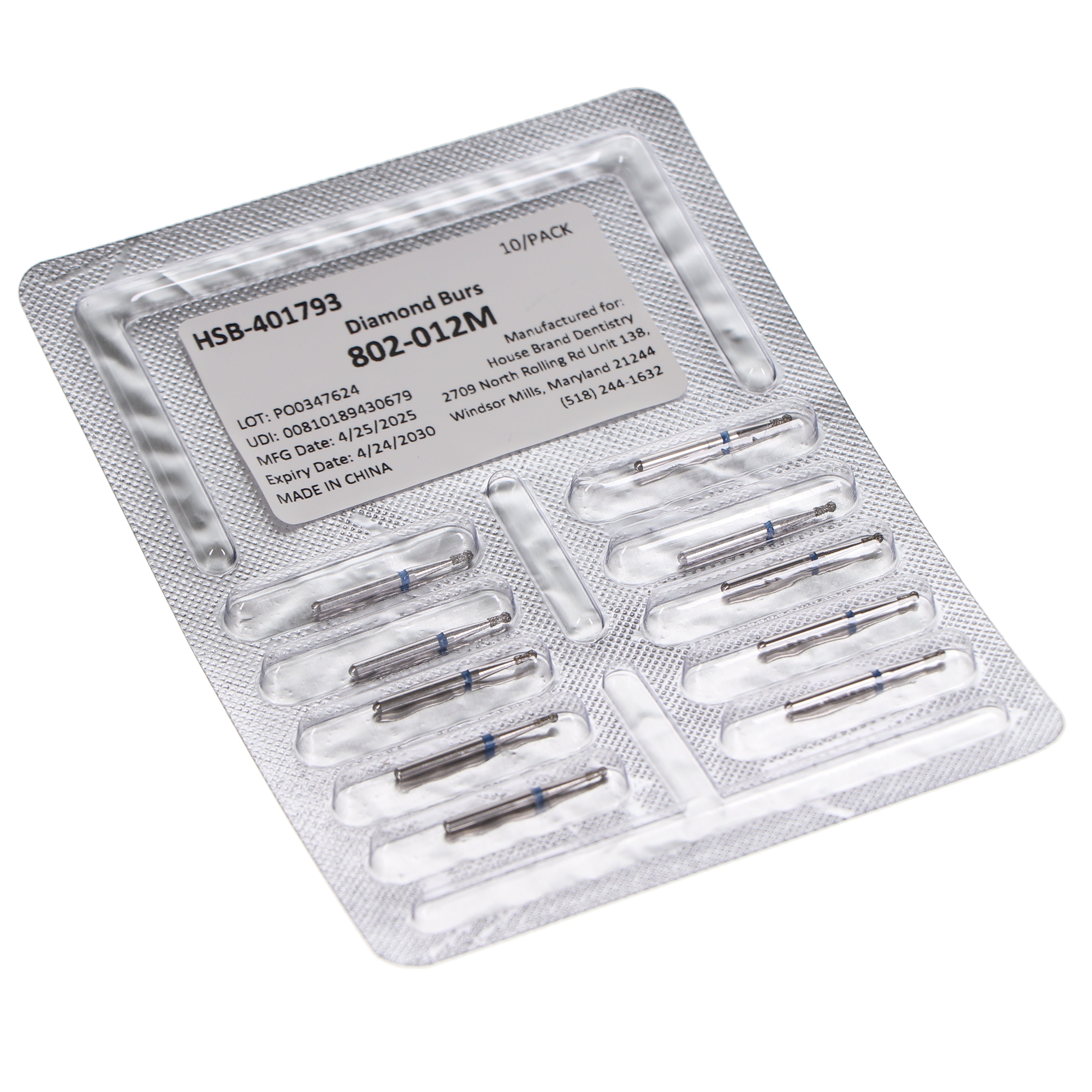 House Brand Dentistry 401793 HSB FG 802-012M Round Neck Medium Grit Diamond Burs 10/Pk