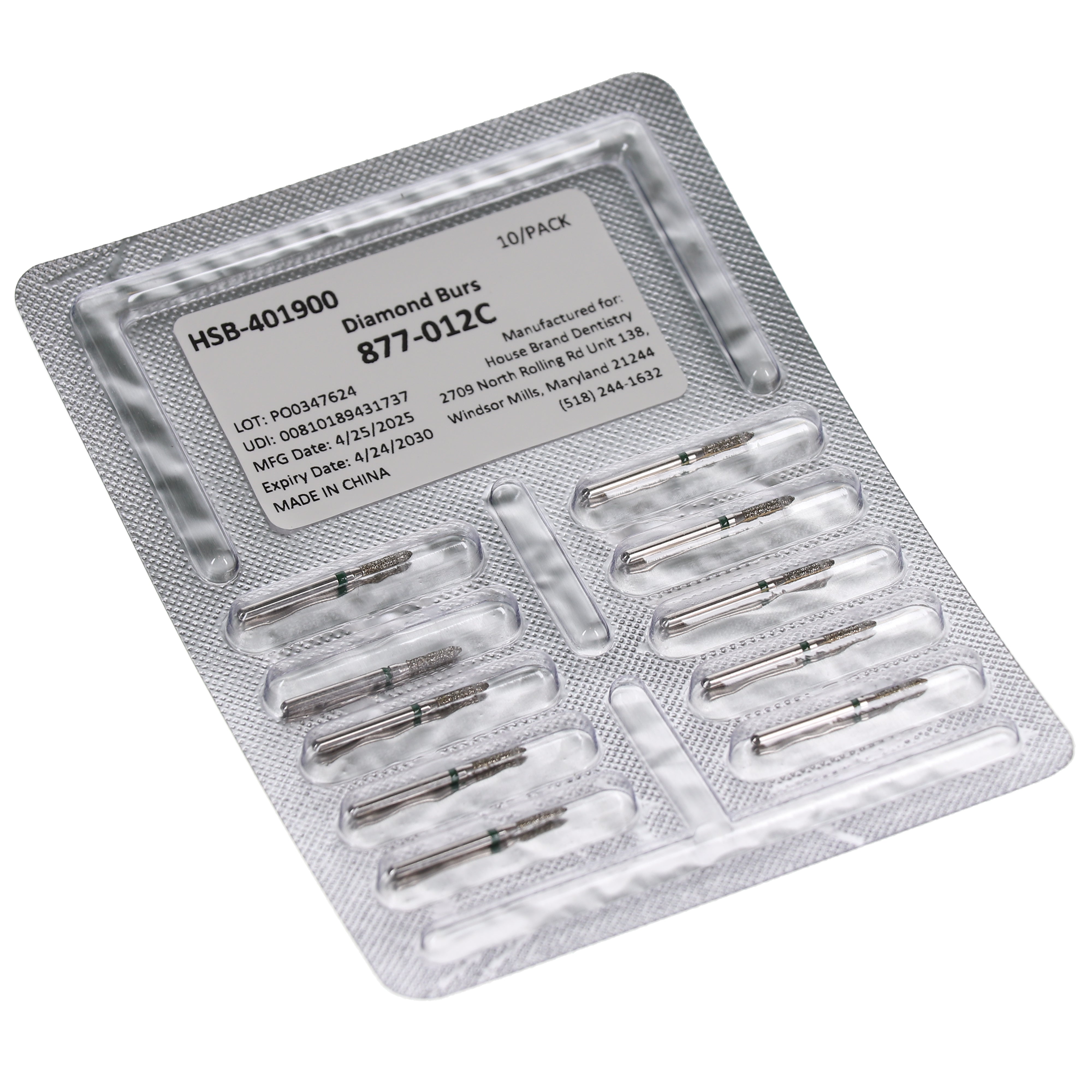 House Brand Dentistry 401900 HSB FG 877-012C Beveled Cylinder Coarse Grit Diamond Burs 10/Pk