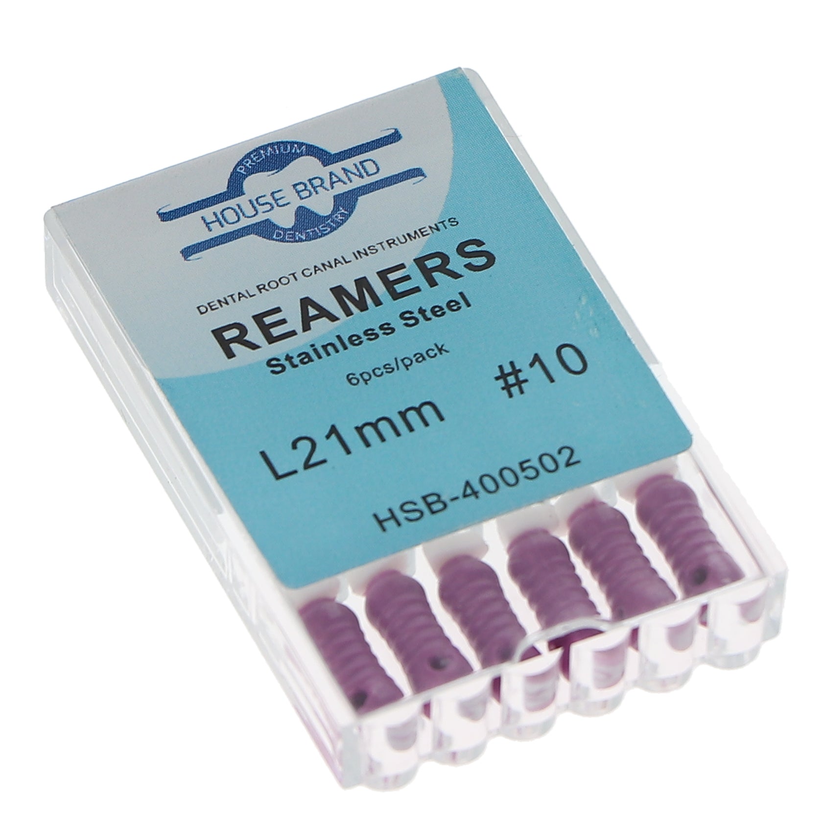 House Brand Dentistry 400502 HSB Endodontic Reamers 21mm #10 Stainless Steel 6/Pk
