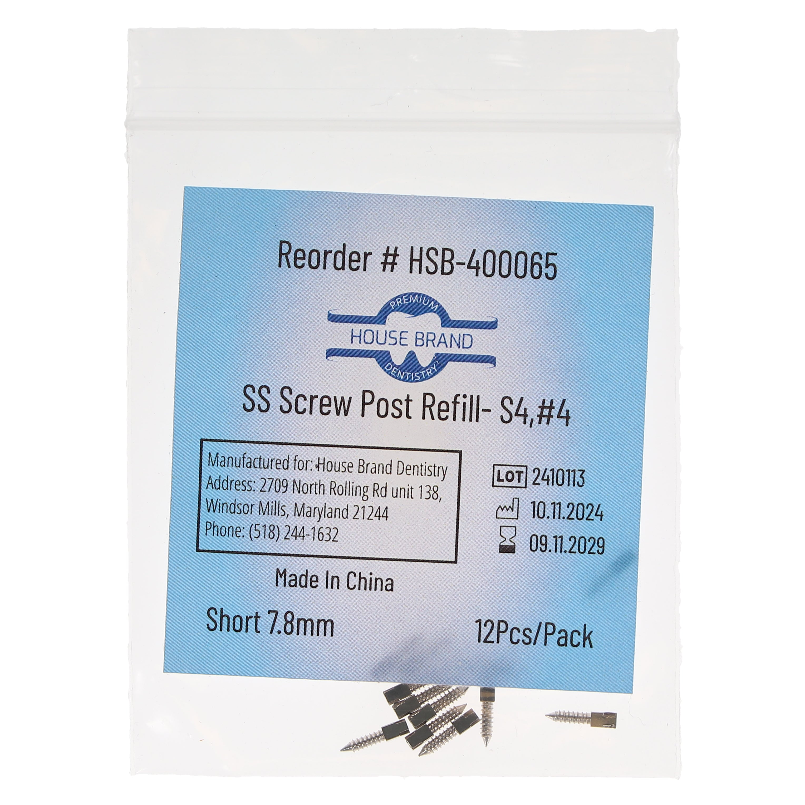 House Brand Dentistry 400065 HSB Screw Posts S4 #4 Short 7.8mm Stainless Steel 12/Pk