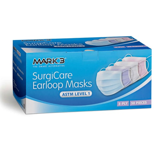 Mark3 1971BL SurgiCare Earloop Face Masks ASTM Level 1 3-Ply Blue 50/Bx