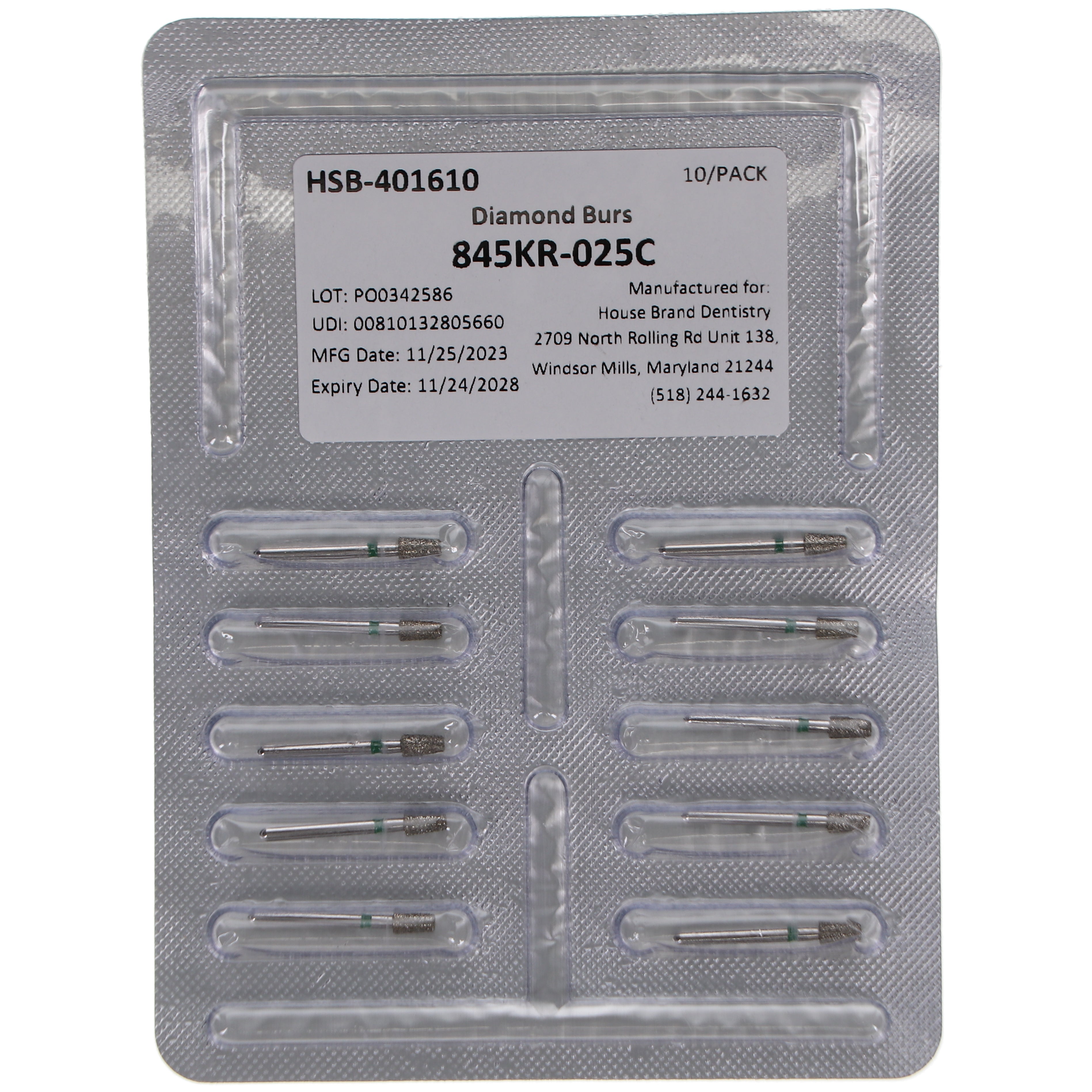 House Brand Dentistry 401610 HSB FG 845KR-025C Modified Taper Coarse Grit Diamond Burs 10/Pk