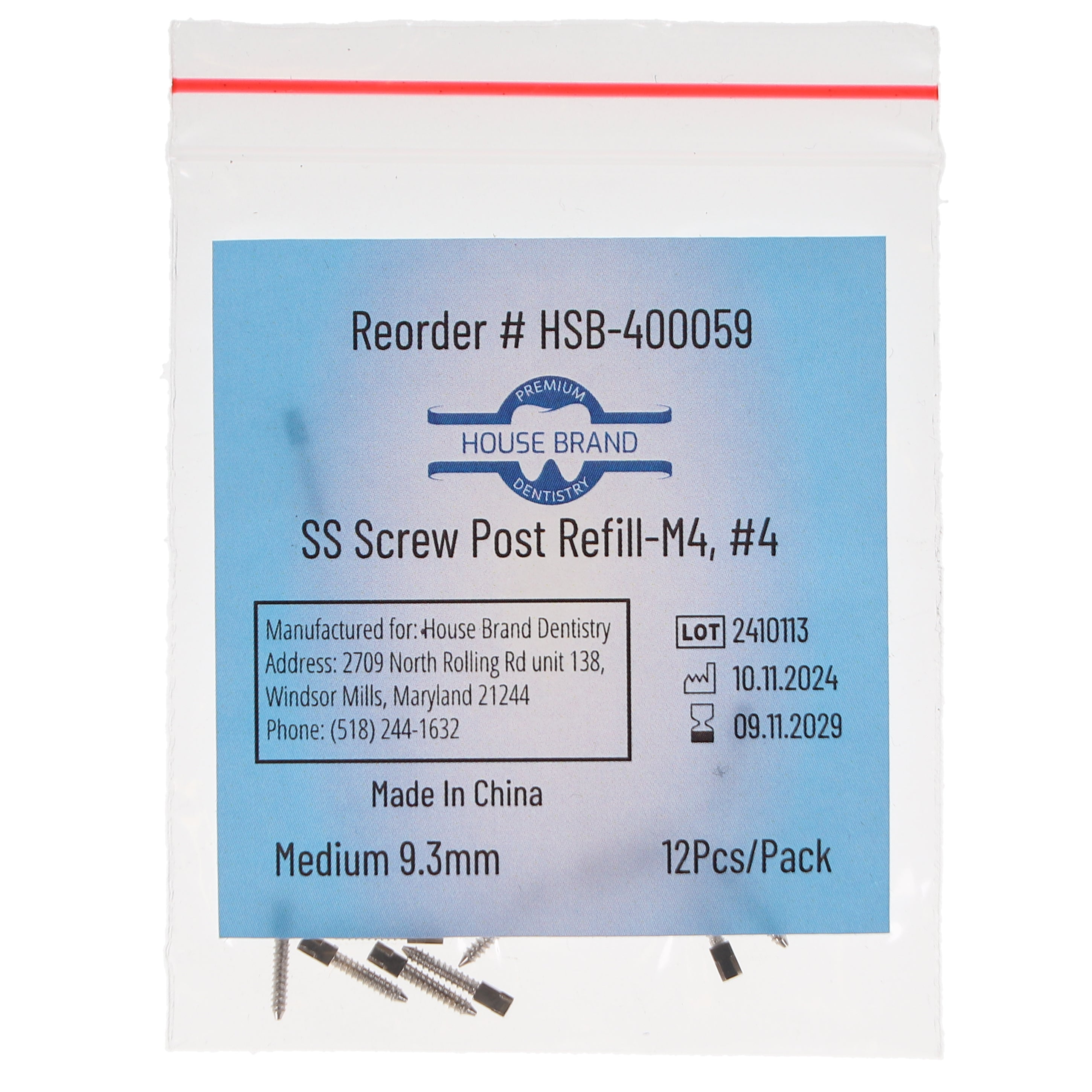 House Brand Dentistry 400059 HSB Screw Posts M4 #4 Medium 9.3mm Stainless Steel 12/Pk