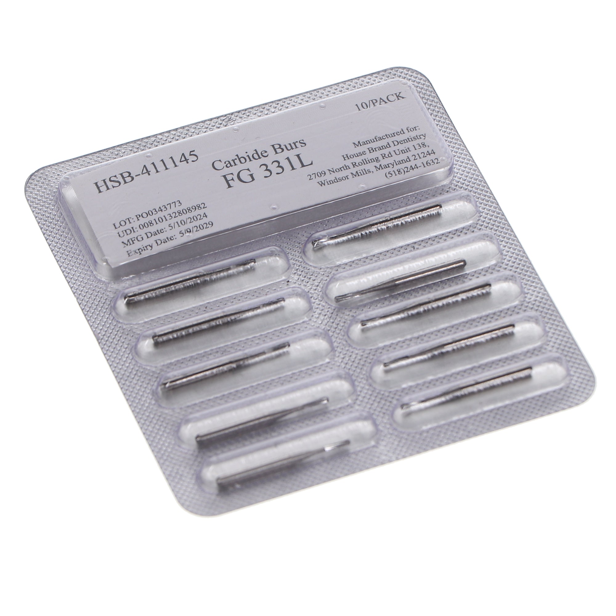 House Brand Dentistry 411145 HSB FG Long #331 Pear Shaped Carbide Burs 10/Pk