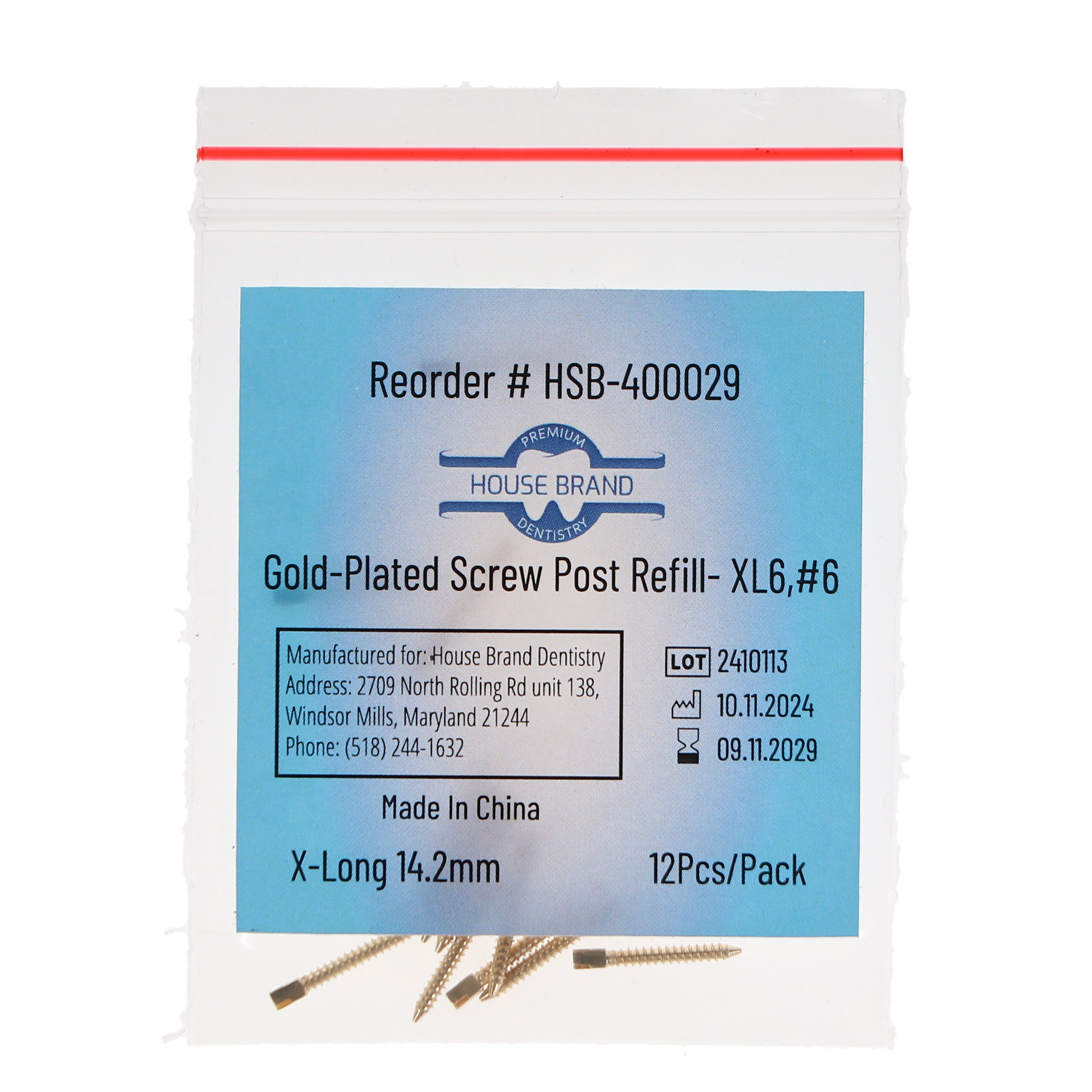 House Brand Dentistry 400029 HSB Gold Plated Screw Posts XL6 #6 X-Long 14.2mm 12/Pk