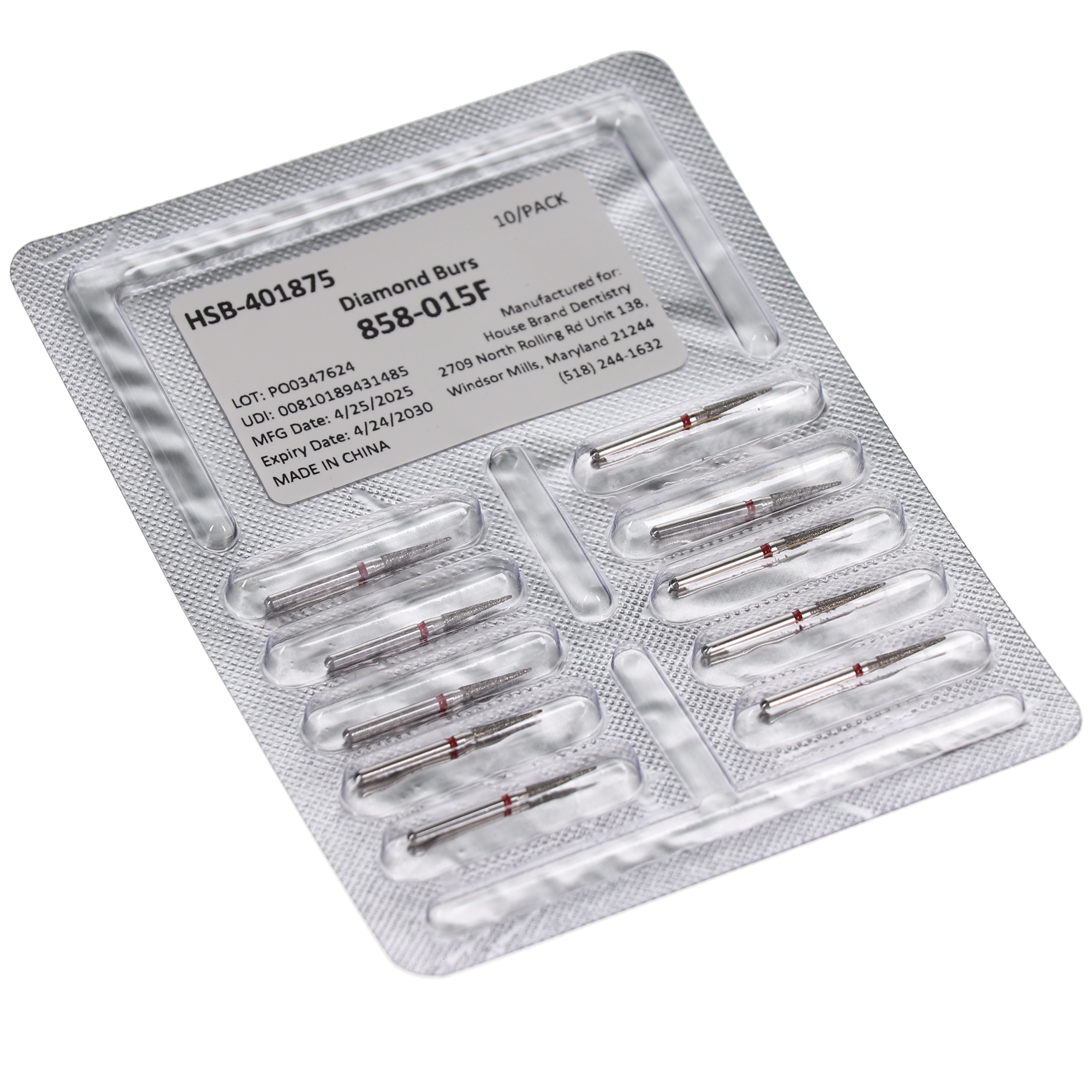 House Brand Dentistry 401875 HSB FG 858-015F Needle Fine Grit Diamond Burs 10/Pk
