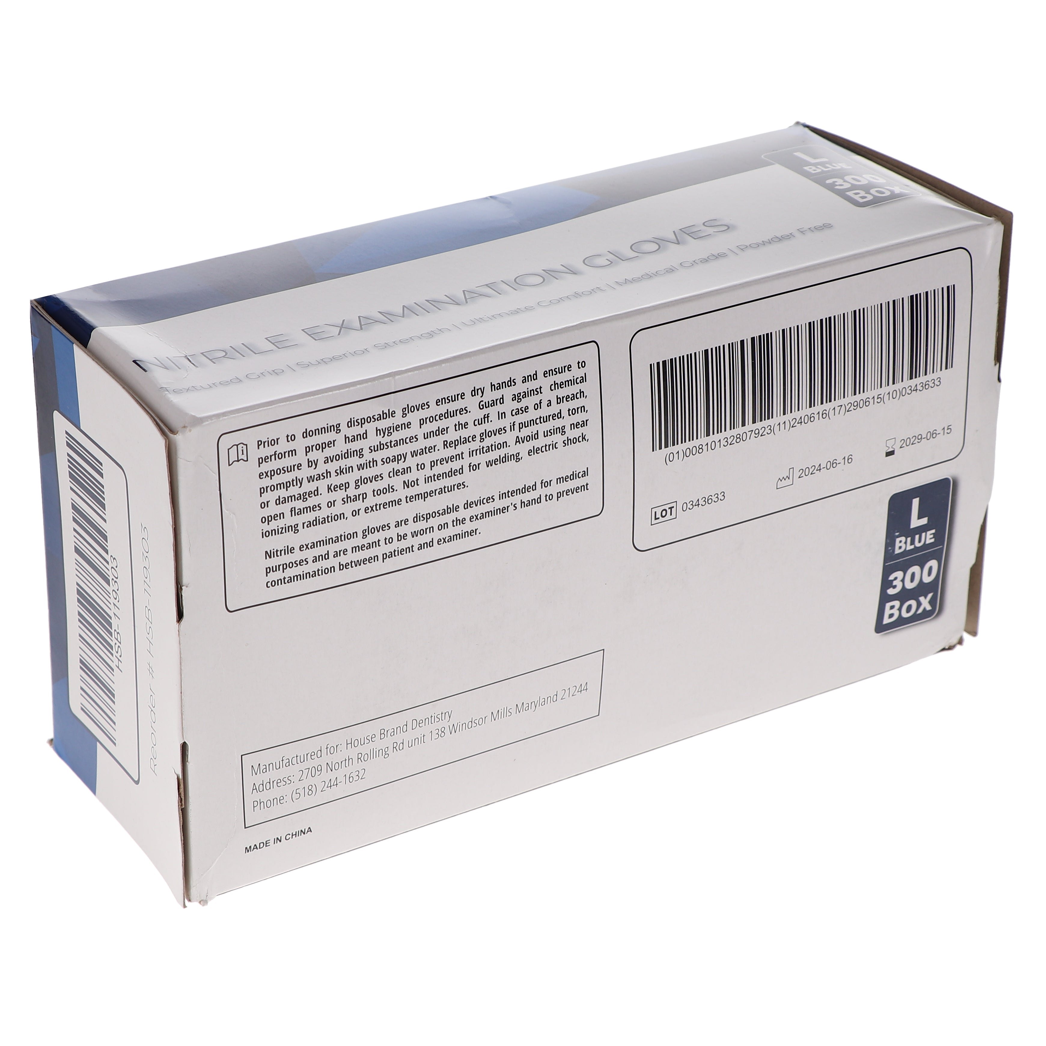 House Brand Dentistry 119303 HSB Nitrile Exam Gloves Large Latex Free 300/Bx