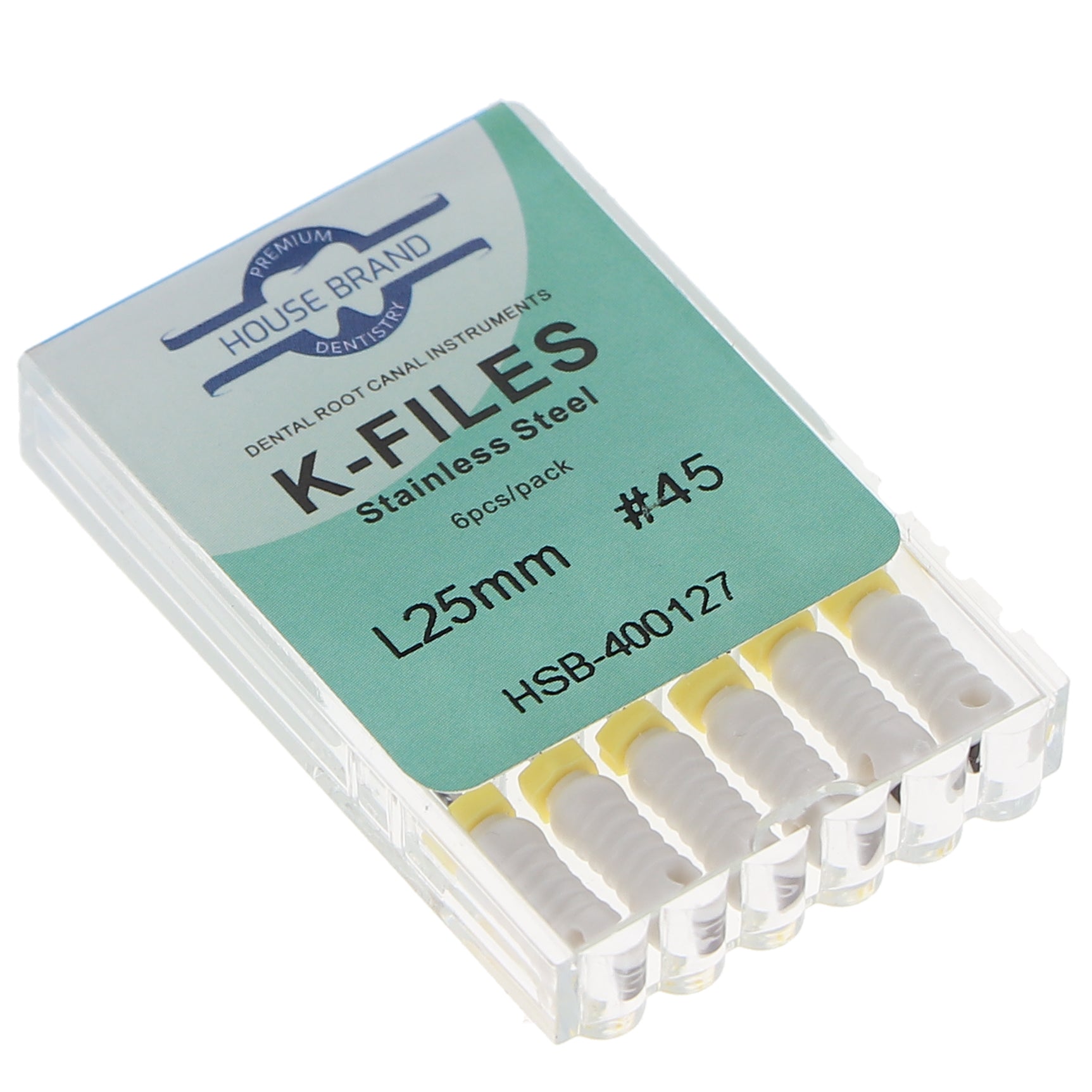 House Brand Dentistry 400127 HSB Endodontic K-Files 25mm #45 White Stainless Steel 6/Pk