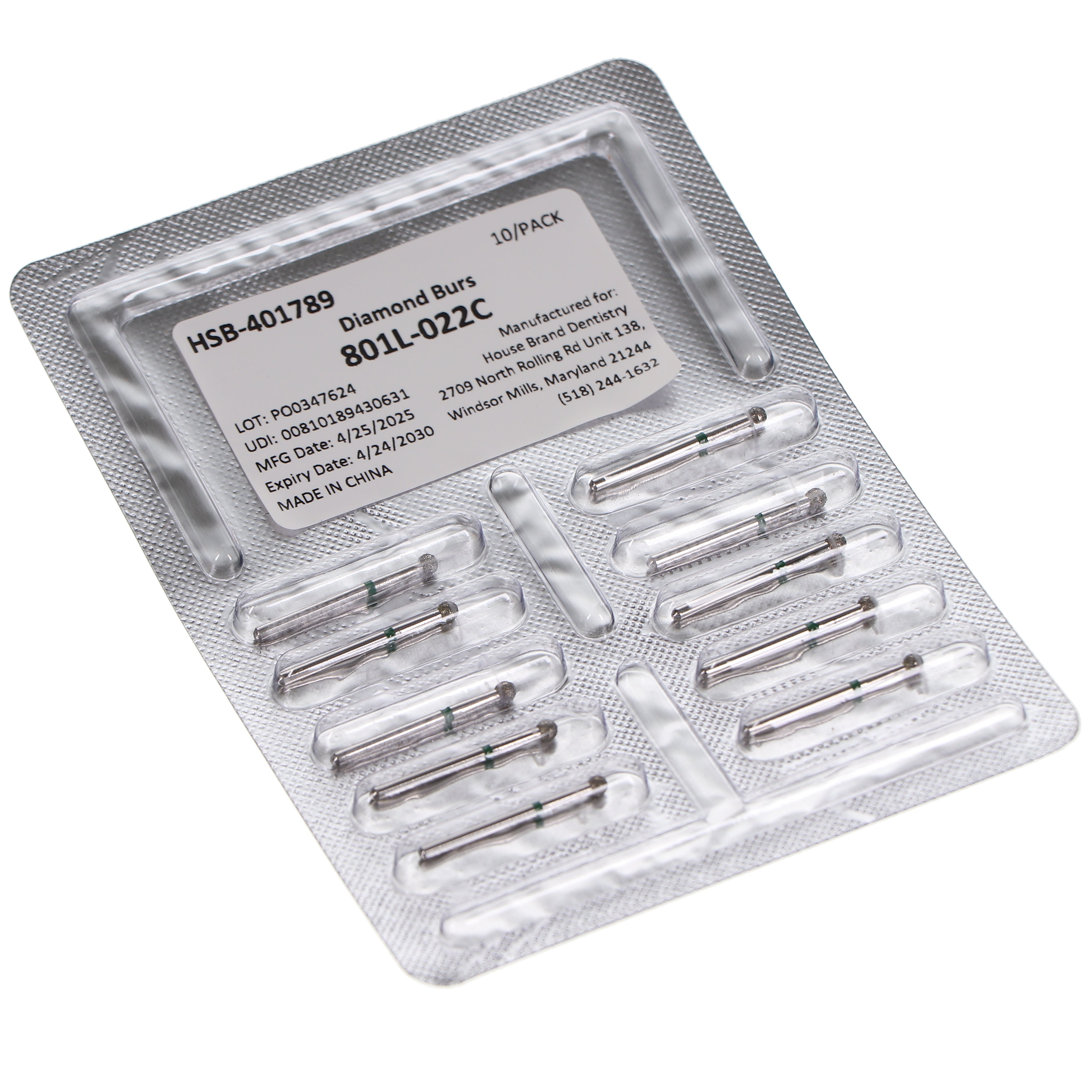 House Brand Dentistry 401789 HSB FG 801L-022C Long Round Coarse Grit Diamond Burs 10/Pk
