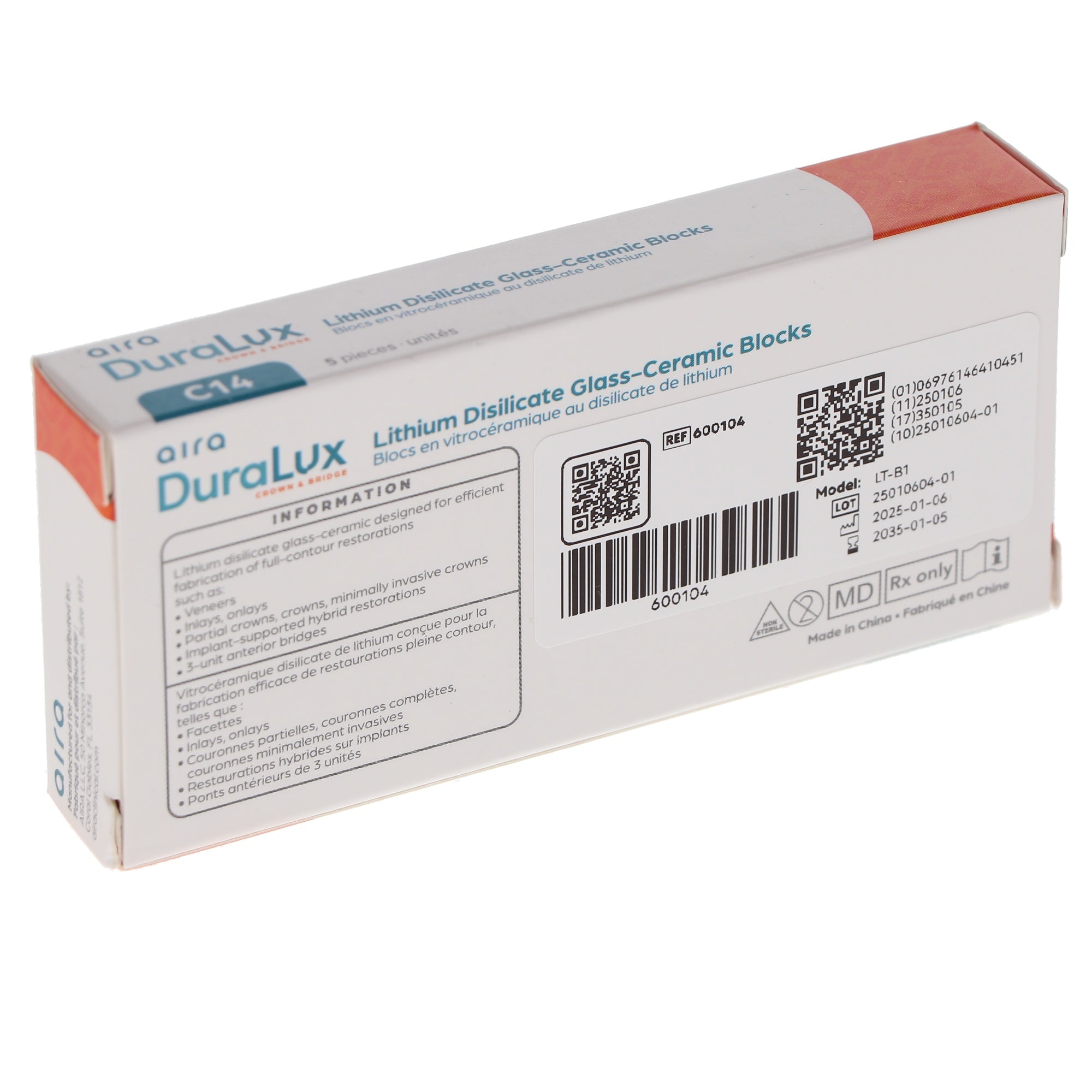 Aira 600104 DuraLux IPS e.max Type Blocks CAD inLab LT B1 C14 5/Pk