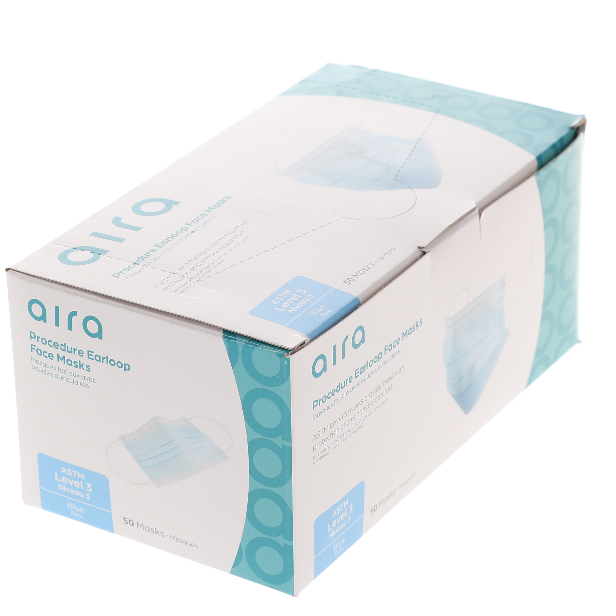 Aira 109130, ASTM Level 3 Procedure Earloop Face Masks, 3-Ply Disposable Masks with 98% BFE, Comfortable & Breathable Design, Blue, 50/bx