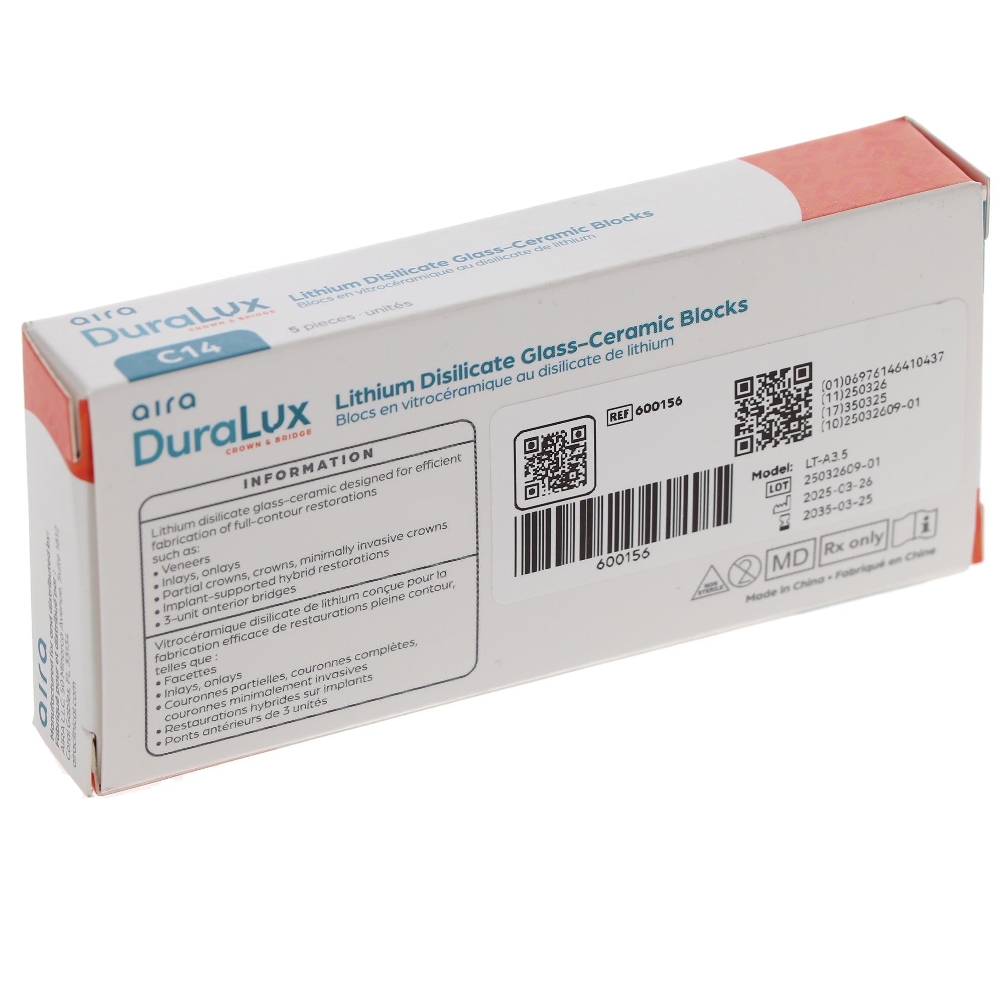 Aira 600156 DuraLux IPS e.max Type Blocks CAD LT C14 A3.5 5/Pk
