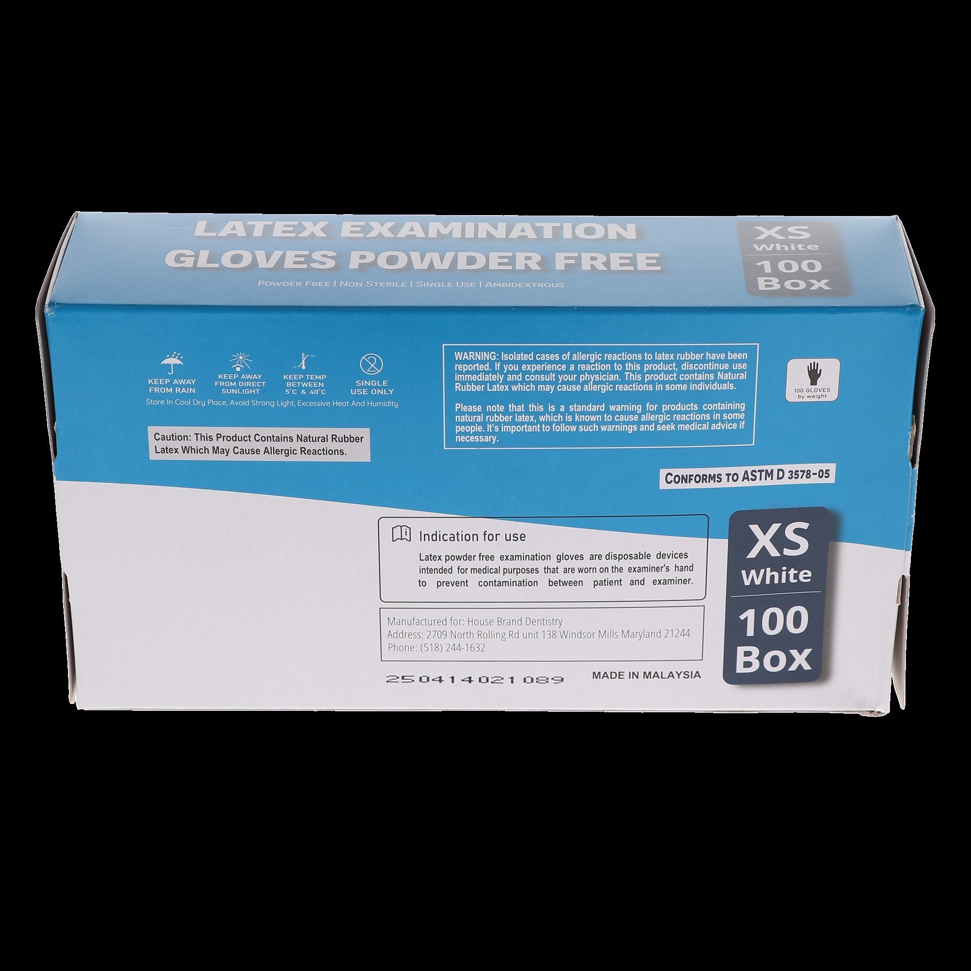 House Brand Dentistry 119150 HSB Latex Exam Gloves Extra Small White Powder Free 100/Bx