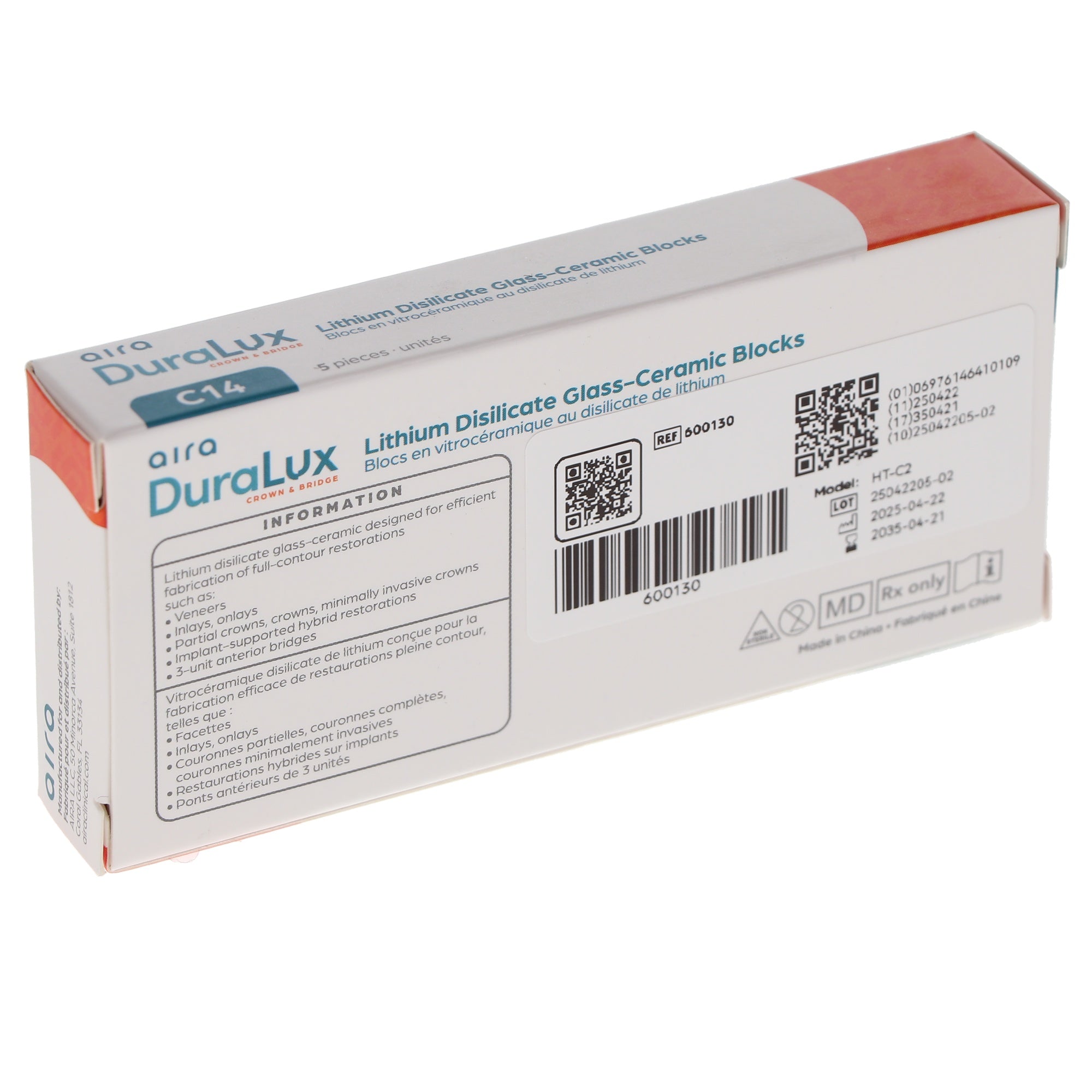 Aira 600130 DuraLux IPS e.max Type Blocks CAD inLab HT C2 C14 5/Pk