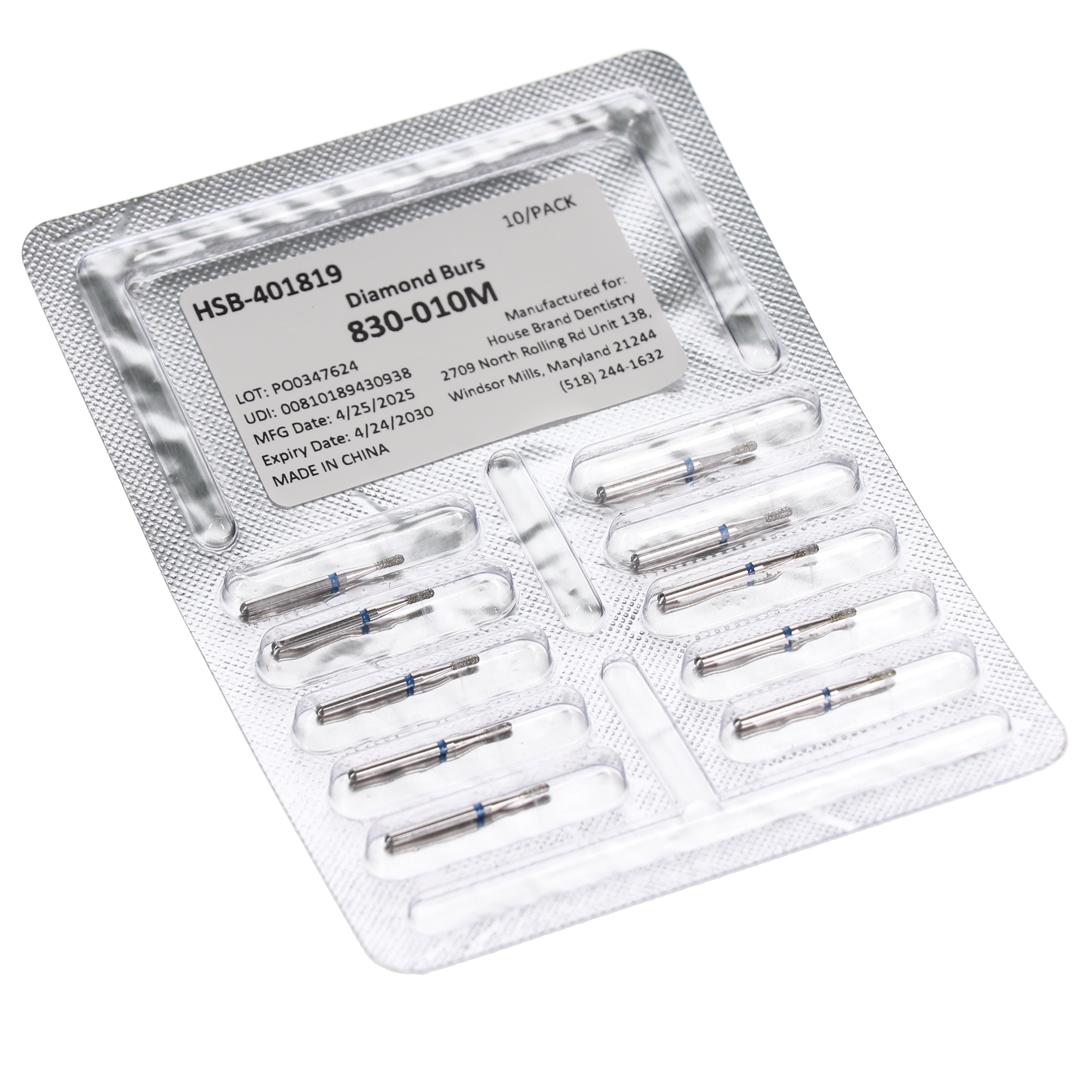 House Brand Dentistry 401819 HSB FG 830-010M Pear Shaped Medium Grit Diamond Burs 10/Pk