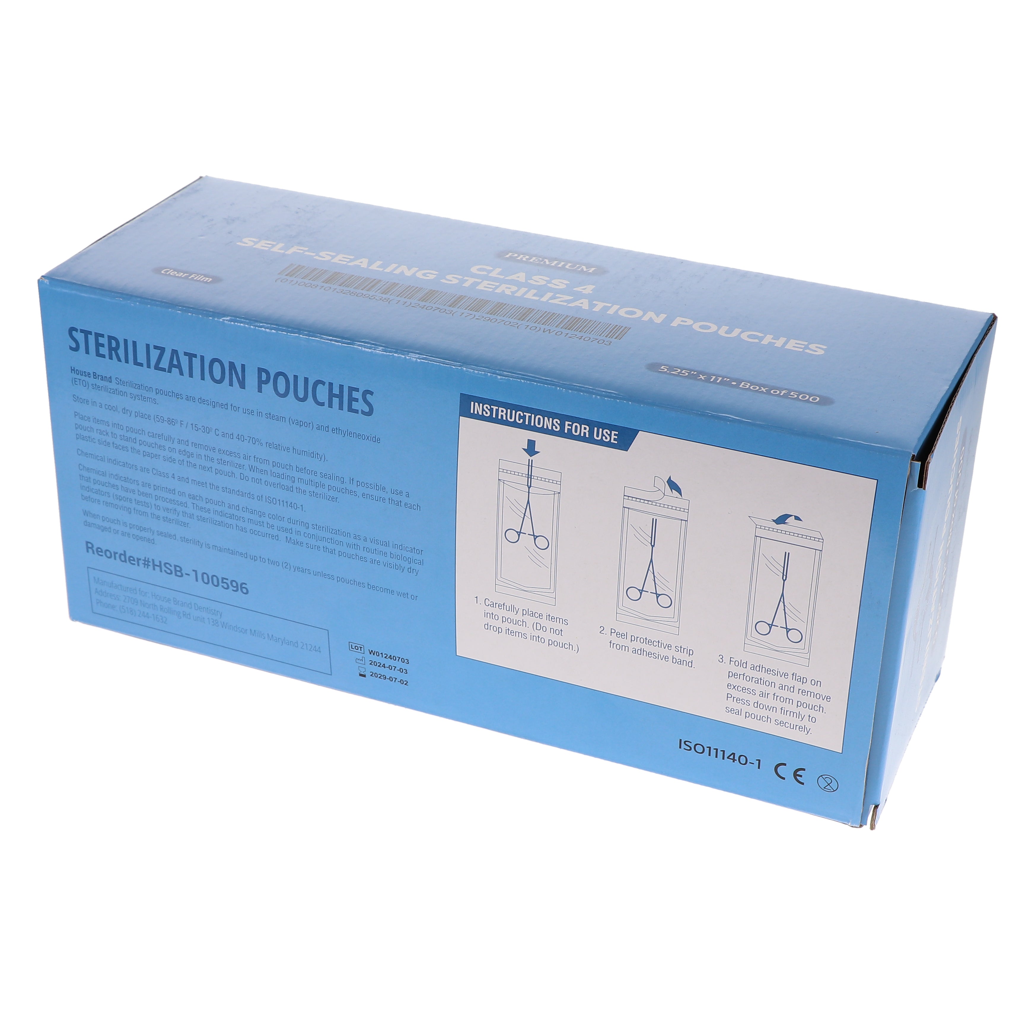 House Brand Dentistry 100596 HSB Self-Sealing Sterilization Pouches 5.25