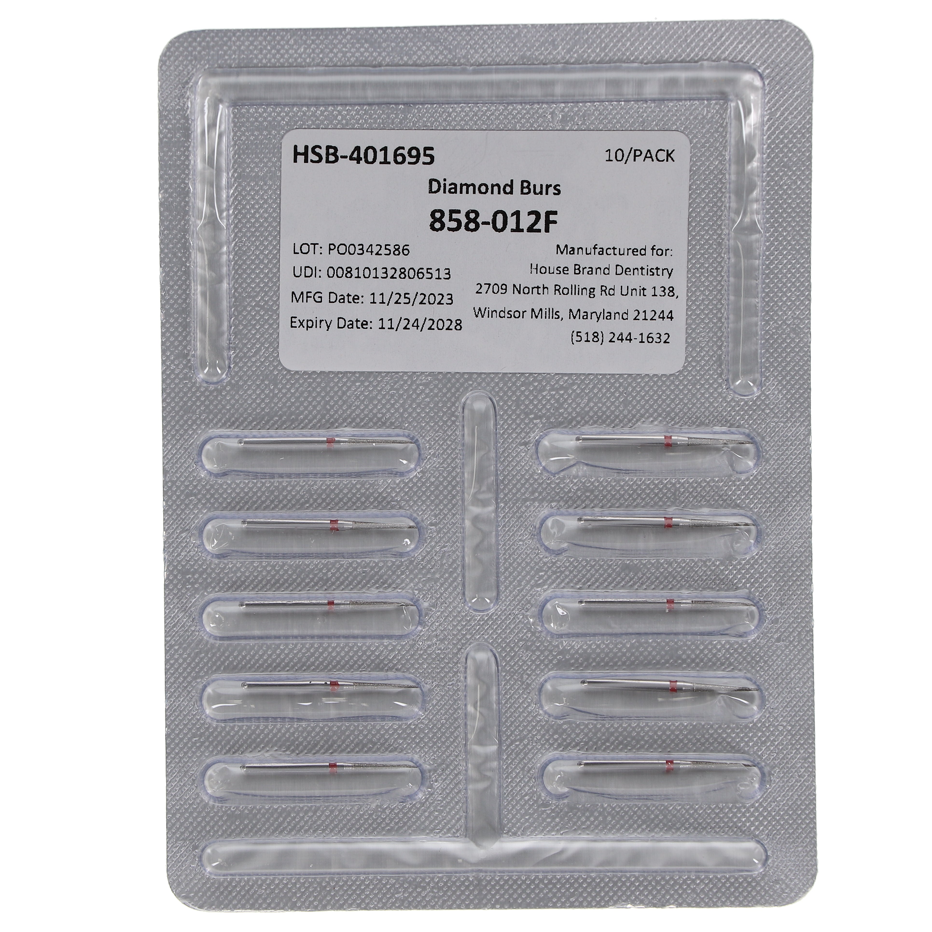 House Brand Dentistry 401695 HSB FG 858-012F Needle Fine Grit Diamond Burs 10/Pk