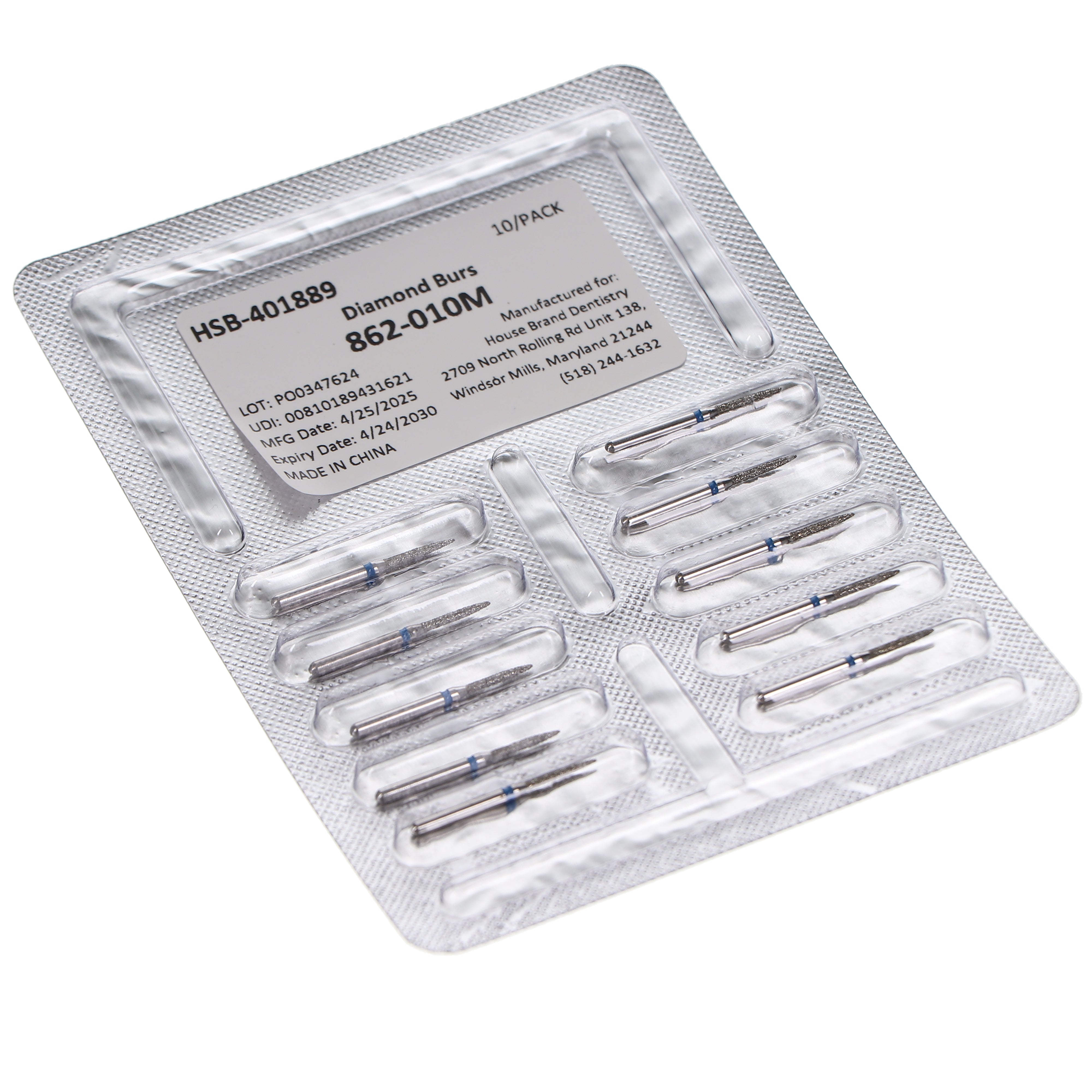 House Brand Dentistry 401889 HSB FG 862-010M Flame Medium Grit Diamond Burs 10/Pk