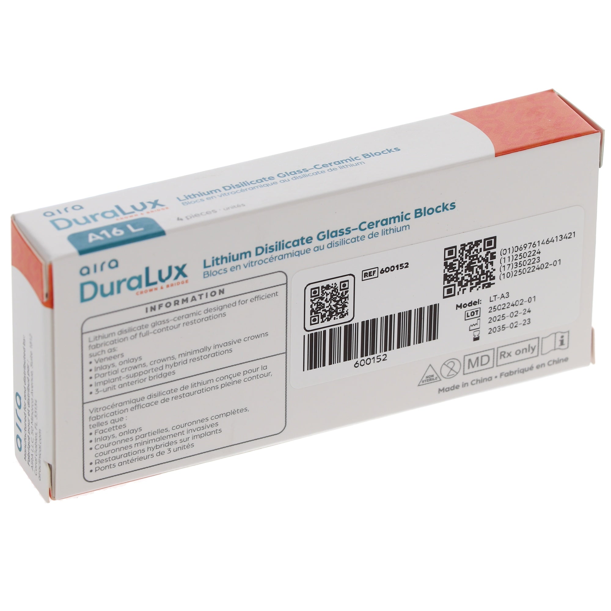 Aira 600152 DuraLux IPS e.max Type Blocks CAD inLab LT A3 A16 L 4/Pk