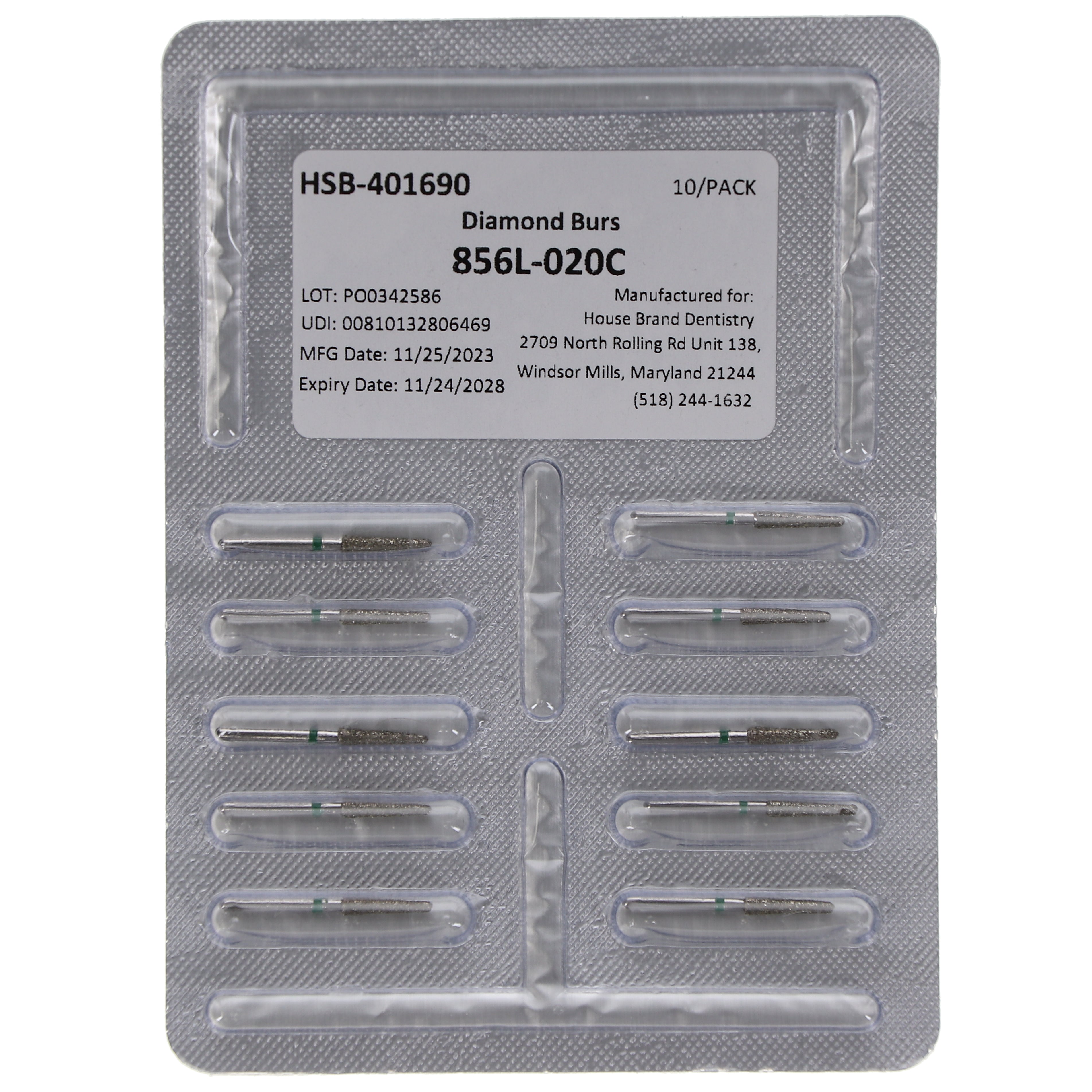 House Brand Dentistry 401690 HSB FG 856L-020C Long Round End Taper Coarse Grit Diamond Burs 10/Pk
