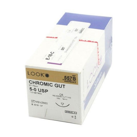 Look X557B Chromic Gut Absorbable Reverse Cutting Sutures 5-0 27" C6 3/8 Circle 19mm 12/Pk