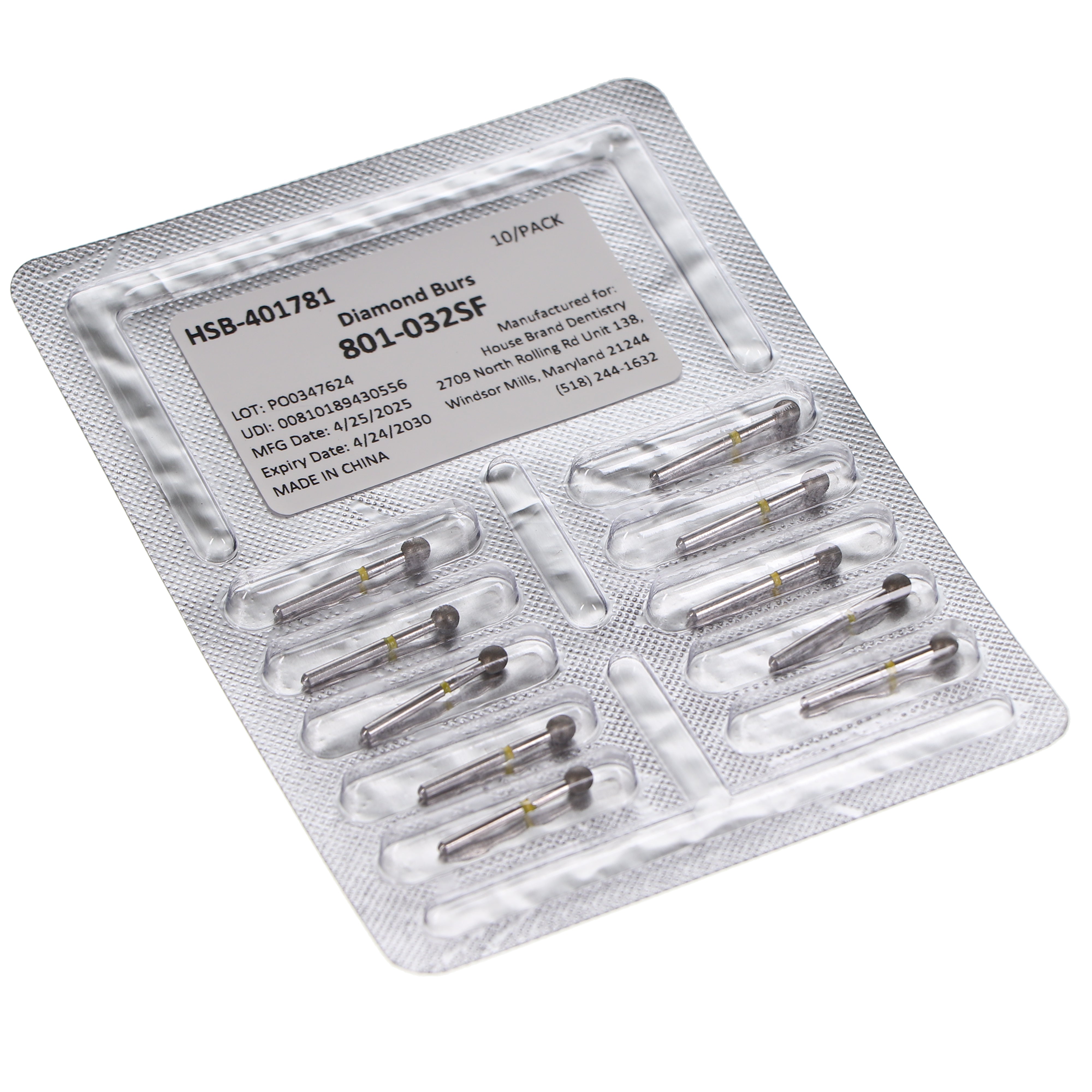 House Brand Dentistry 401781 HSB FG 801-032SF Round Super Fine Grit Diamond Burs 10/Pk
