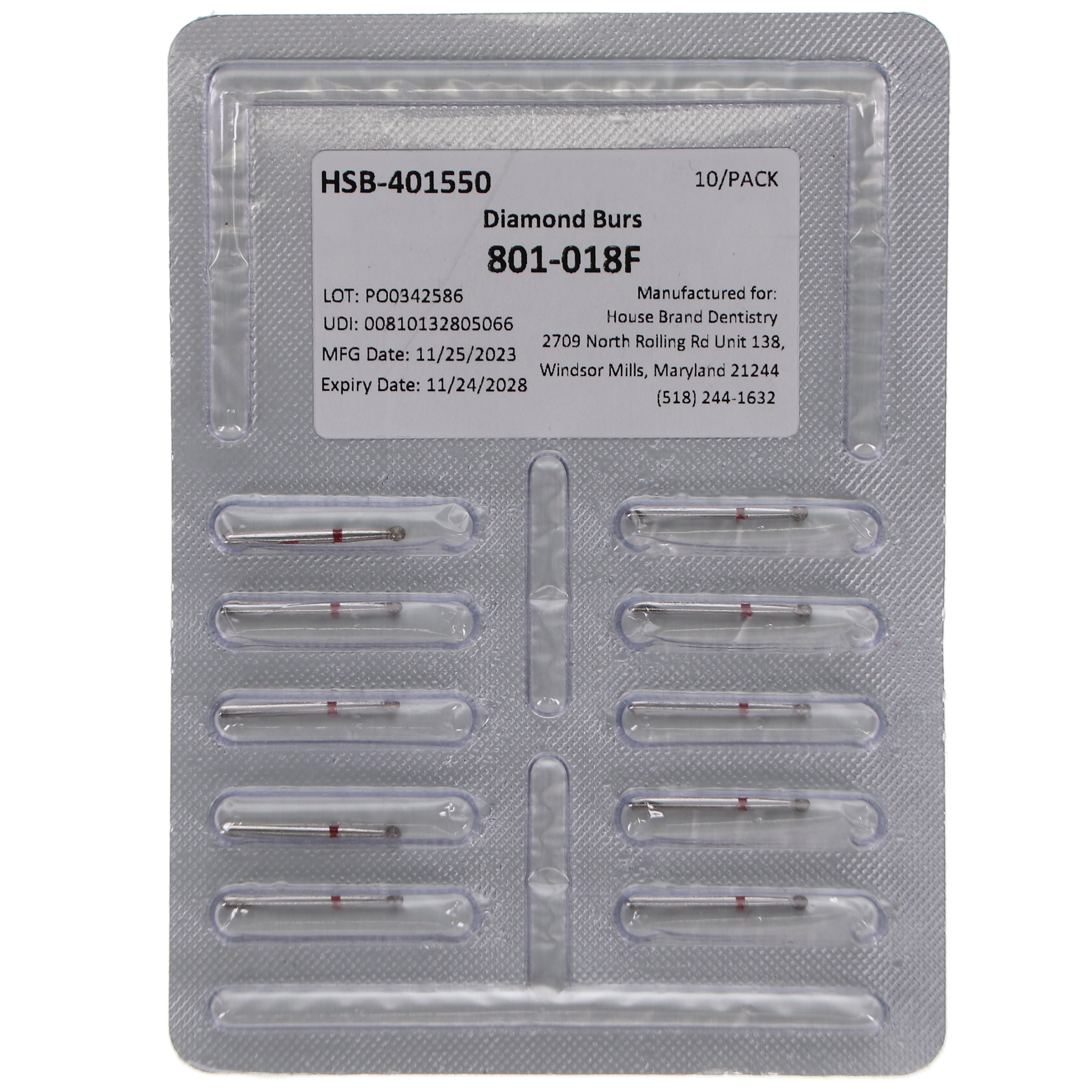 House Brand Dentistry 401550 HSB FG 801-018F Round Fine Grit Diamond Burs 10/Pk