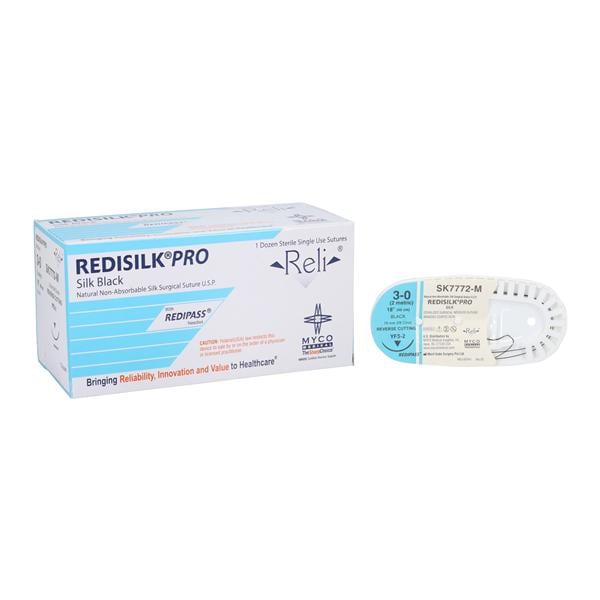 Myco Medical SK7772 Reli Silk Black Braided Sutures 19mm 3/0 18