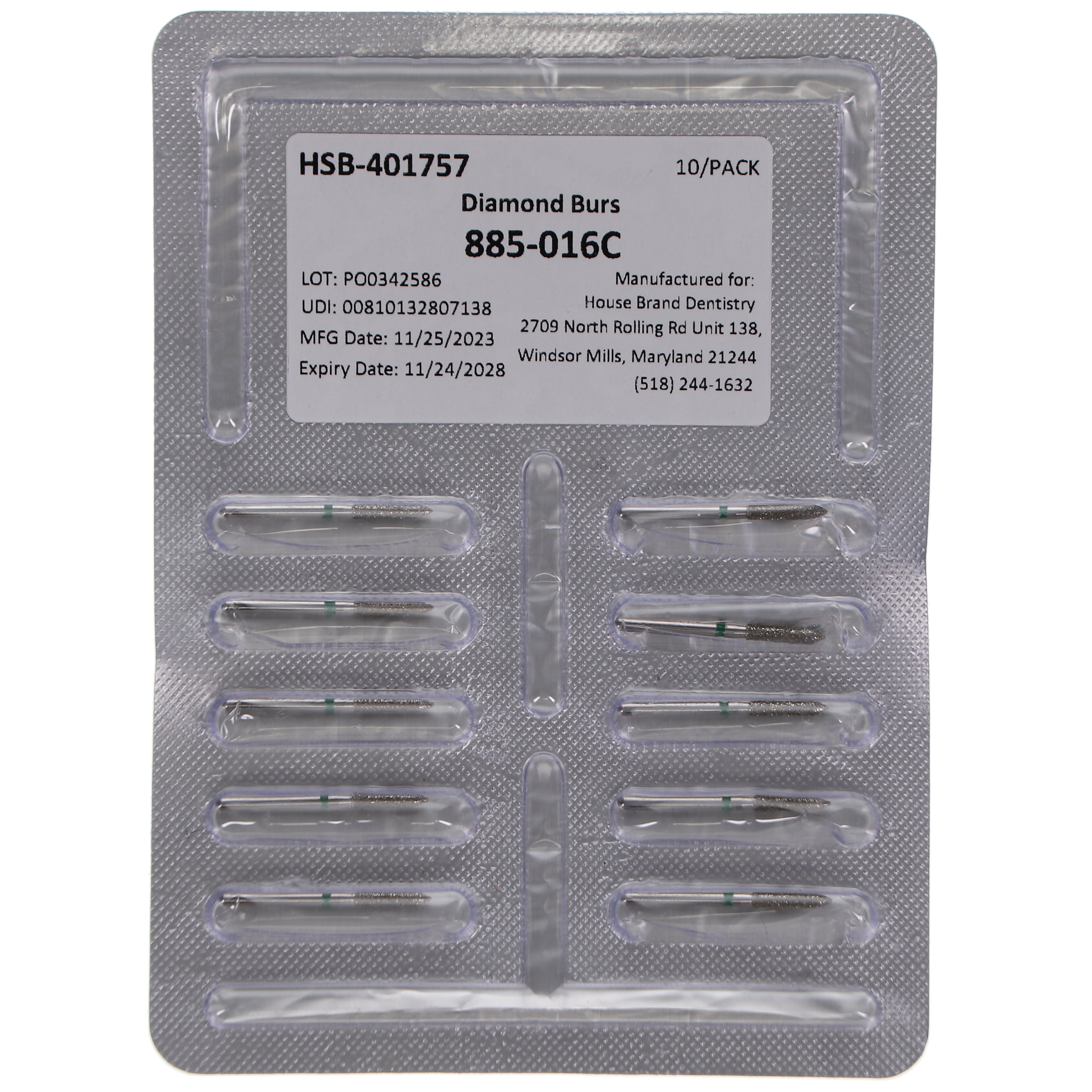 House Brand Dentistry 401757 HSB FG 885-016C Bevel Cylinder Coarse Grit Diamond Burs 10/Pk