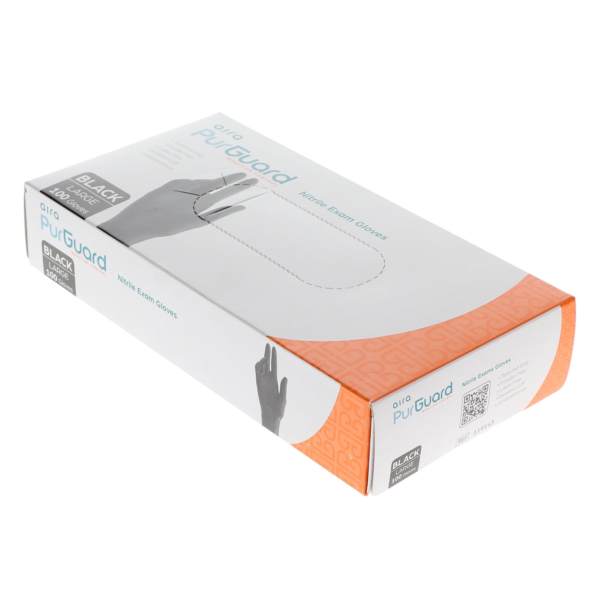 Aira 119143 PurGuard Nitrile Exam Gloves Black Large Latex Free 100/Bx