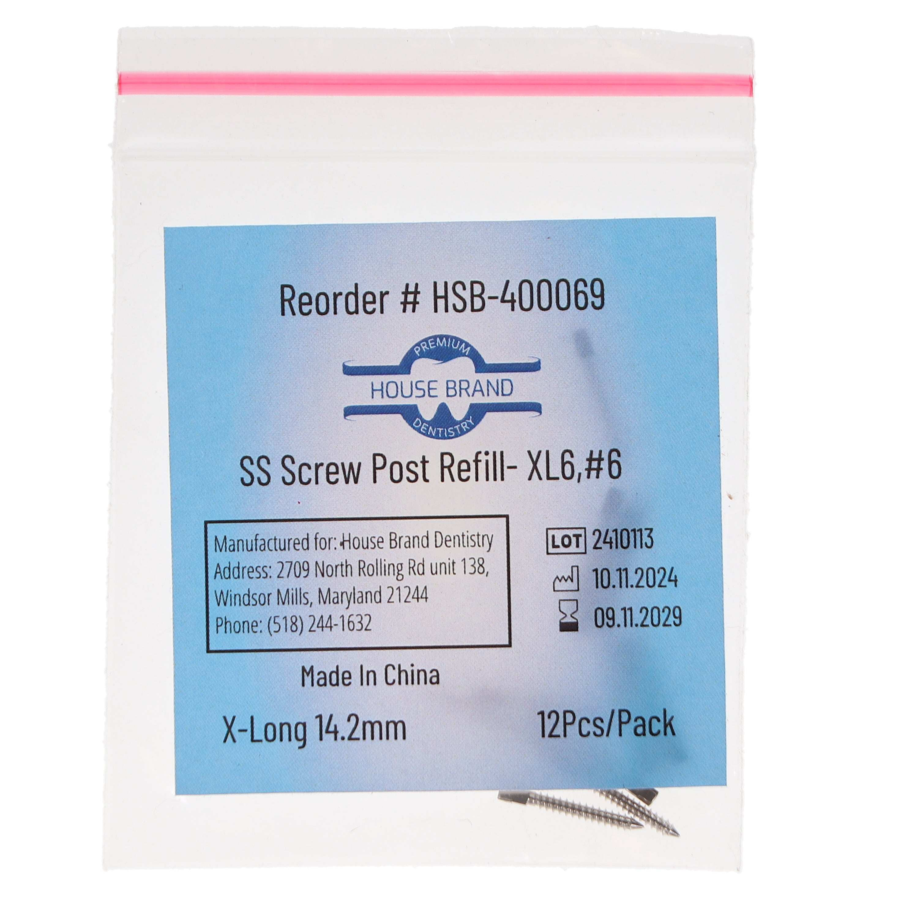House Brand Dentistry 400069 HSB Screw Posts XL6 #6 X-Long 14.2mm Stainless Steel 12/Pk